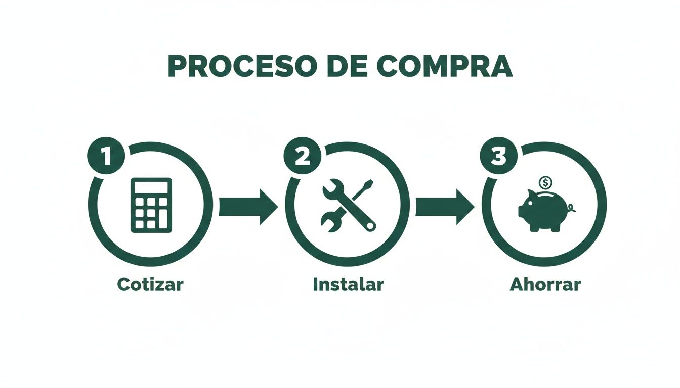 Proceso de compra con tres pasos: cotizar, instalar y ahorrar. Incluye iconos de calculadora, herramientas y alcancía.