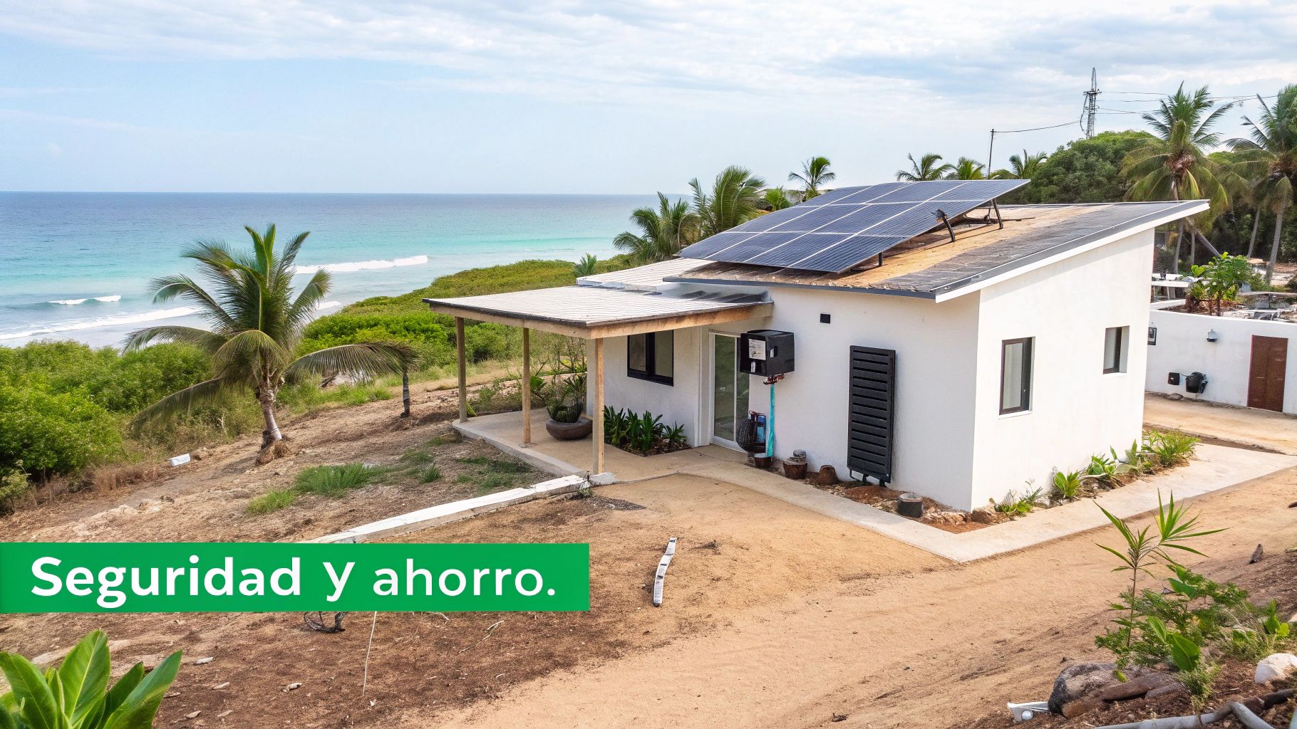 Casa moderna y blanca con paneles solares en el tejado, frente a una playa con el mar azul.