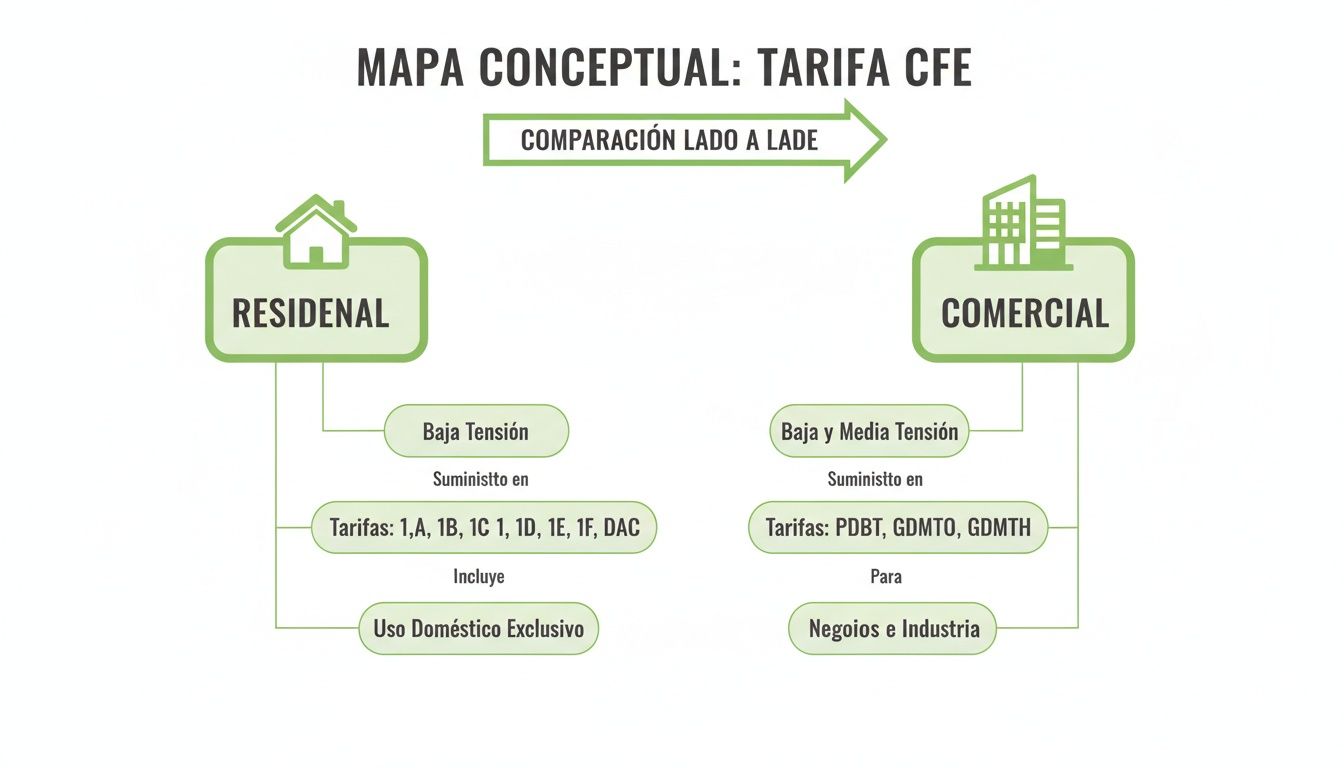 Mapa conceptual comparando tarifas CFE residenciales y comerciales, detallando tipos de tensión y códigos tarifarios.