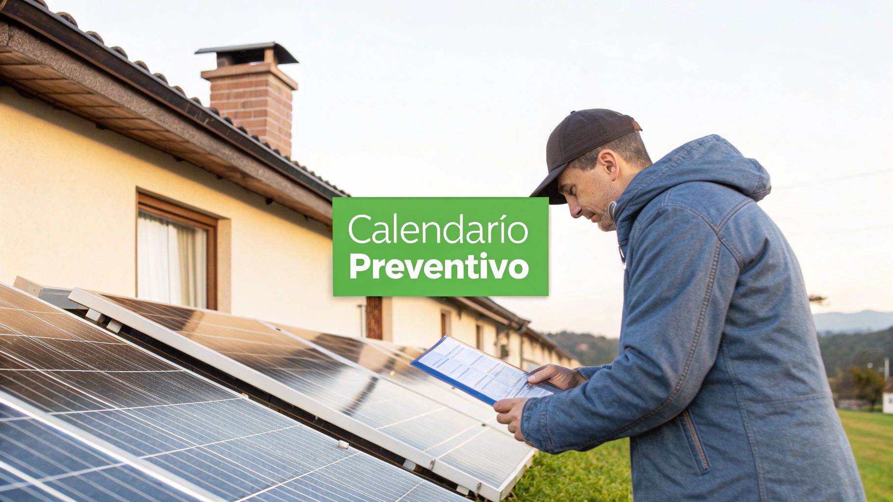 Técnico revisando paneles solares en una vivienda, con un cartel 'Calendario Preventivo' visible.