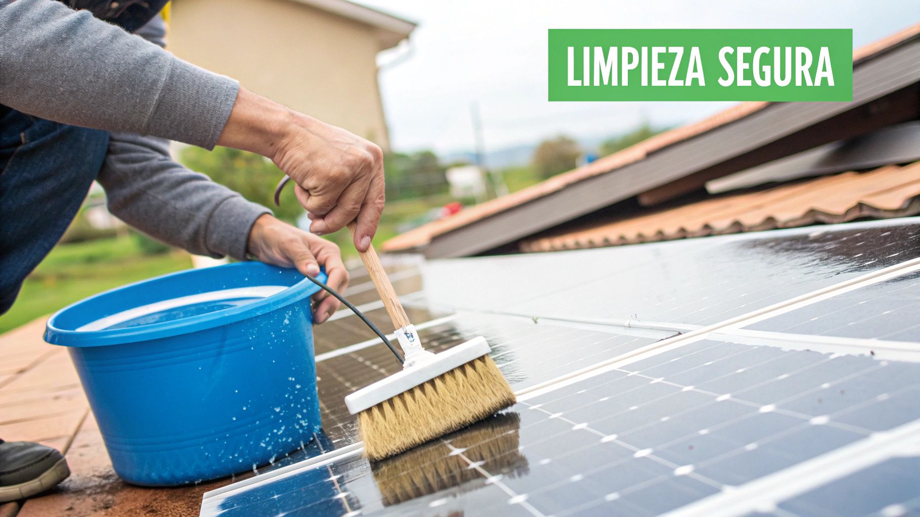 Una persona limpia cuidadosamente paneles solares con un cepillo y un cubo de agua, destacando la limpieza segura.