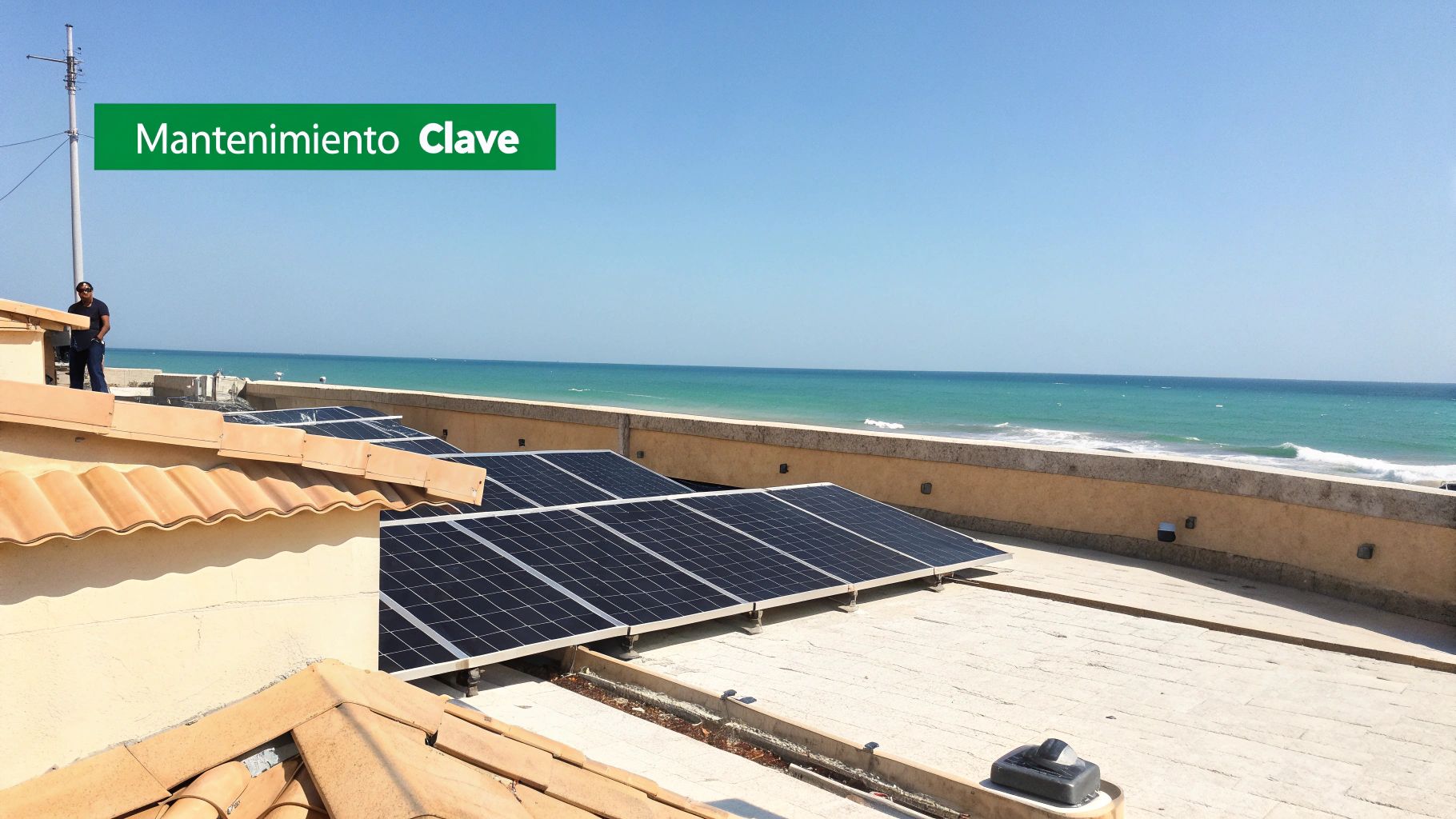 Hombre en un tejado junto a paneles solares con el mar de fondo y un cartel 'Mantenimiento Clave'.