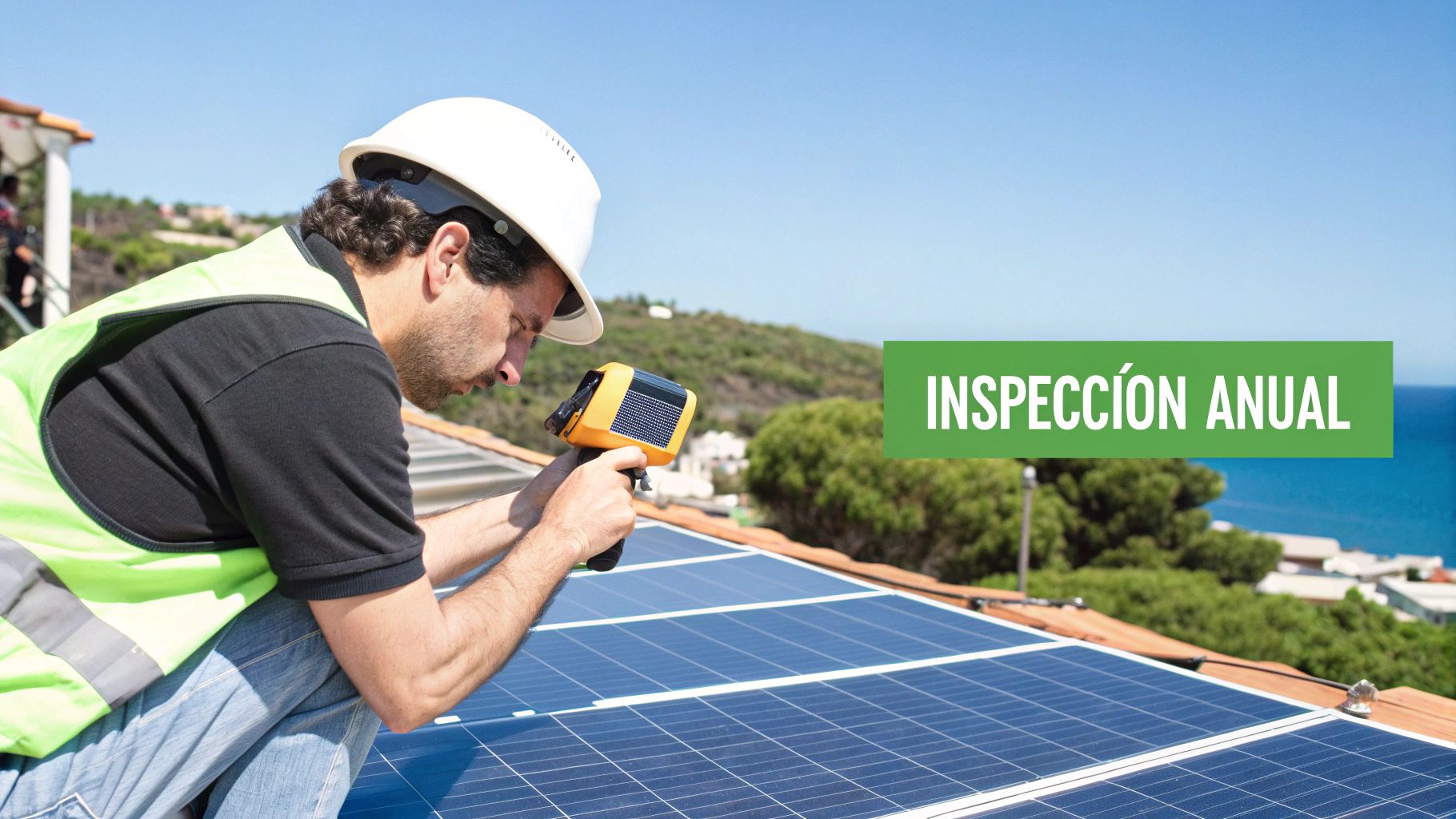 Técnico con casco y chaleco revisa paneles solares en el tejado, realizando una inspección anual con equipo especializado.