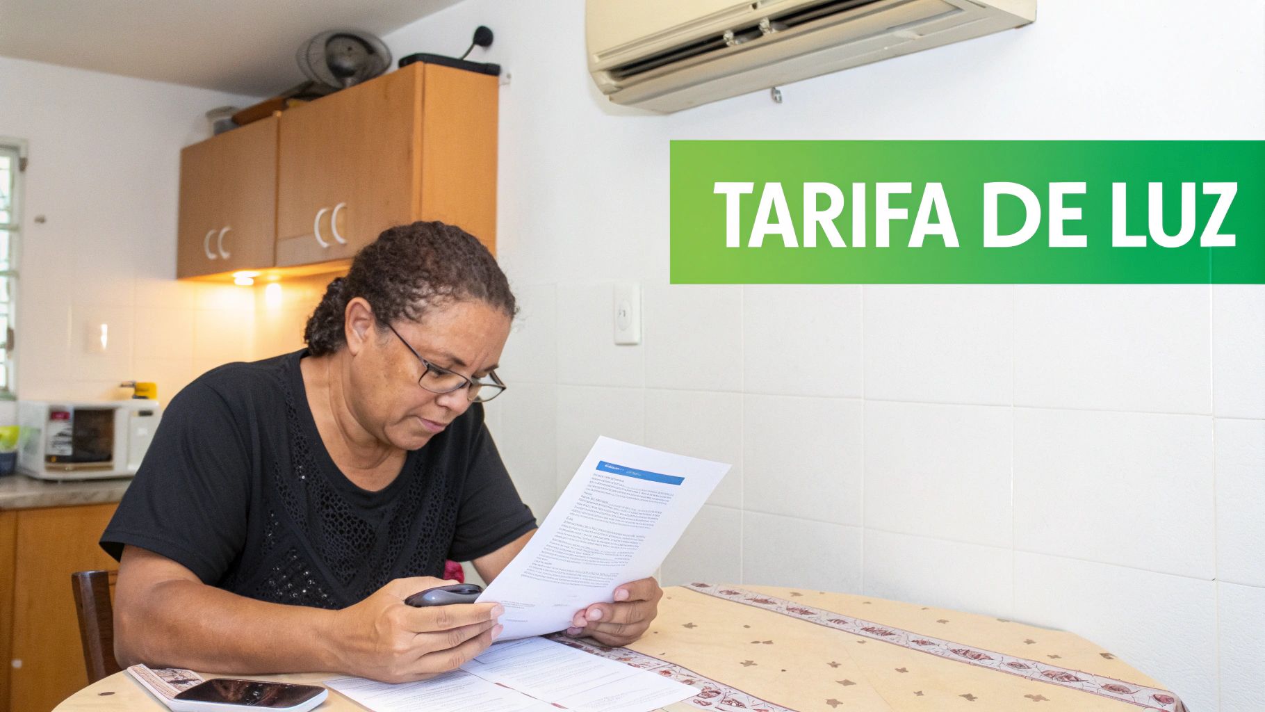 Mujer latina concentrada revisa documentos y un teléfono en su mesa, con un cartel de "TARIFA DE LUZ" en la pared.