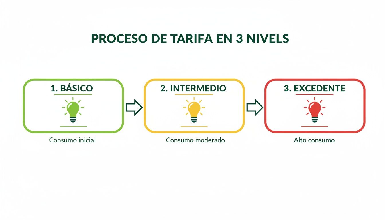 Diagrama que ilustra el proceso de tarifa de luz en 3 niveles: básico, intermedio y excedente según el consumo.