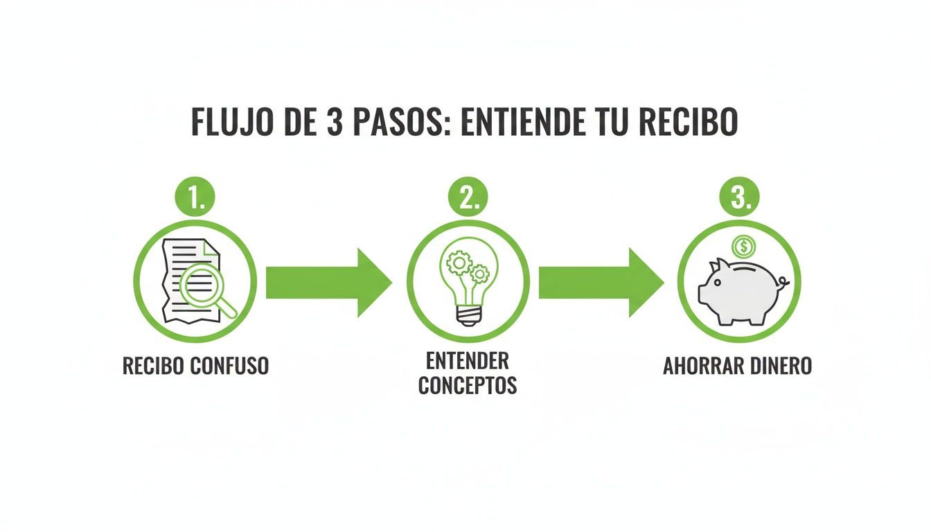 Diagrama de flujo de 3 pasos para entender tu recibo de luz y ahorrar dinero.