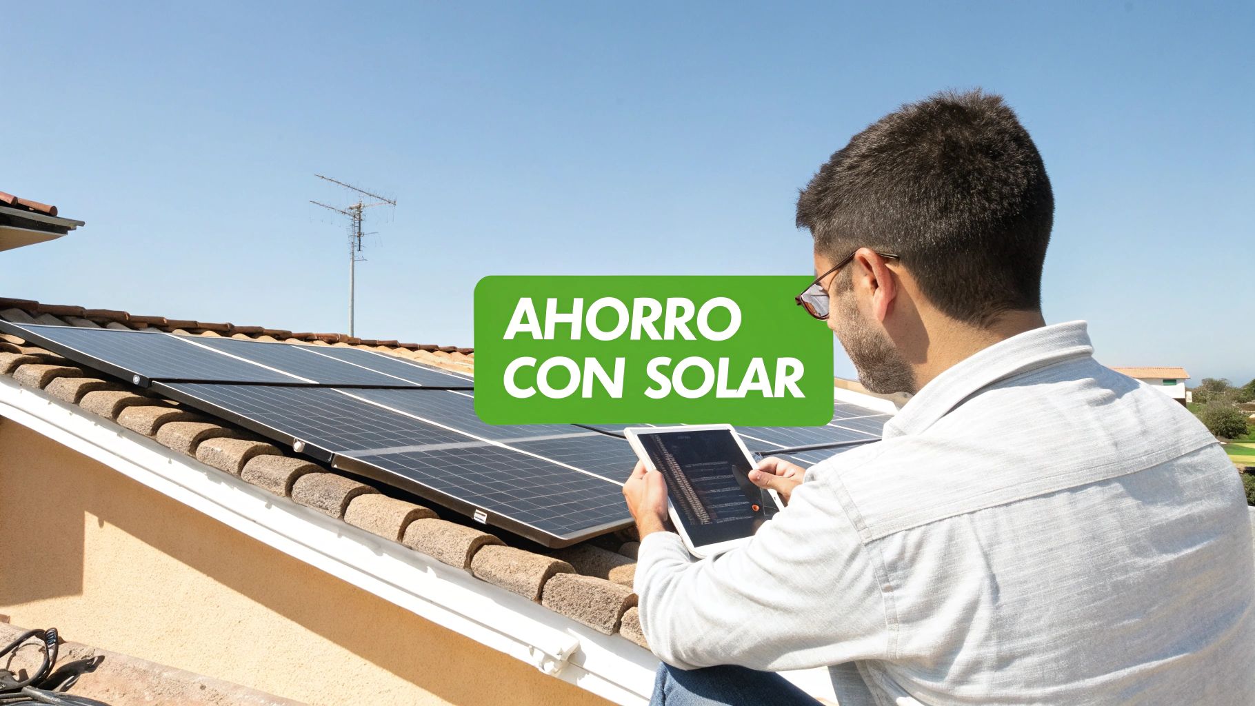 Hombre en tejado con paneles solares, monitoreando el ahorro energético en una tablet bajo el sol.