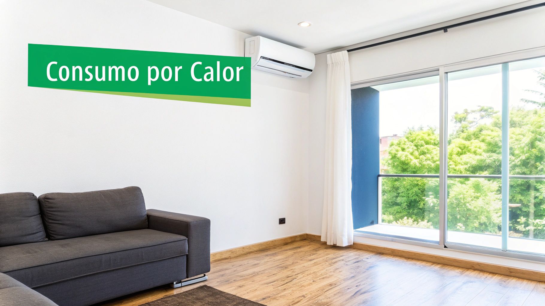Habitación luminosa con sofá, aire acondicionado y gran ventana con vista a árboles. Cartel dice 'Consumo por Calor'.