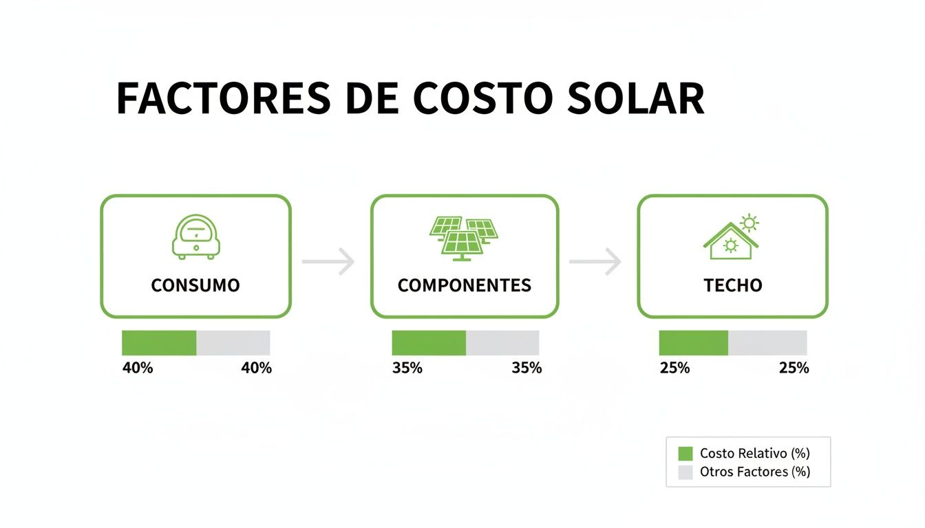 Gráfico de factores de costo solar mostrando el desglose de consumo, componentes y techo con porcentajes.