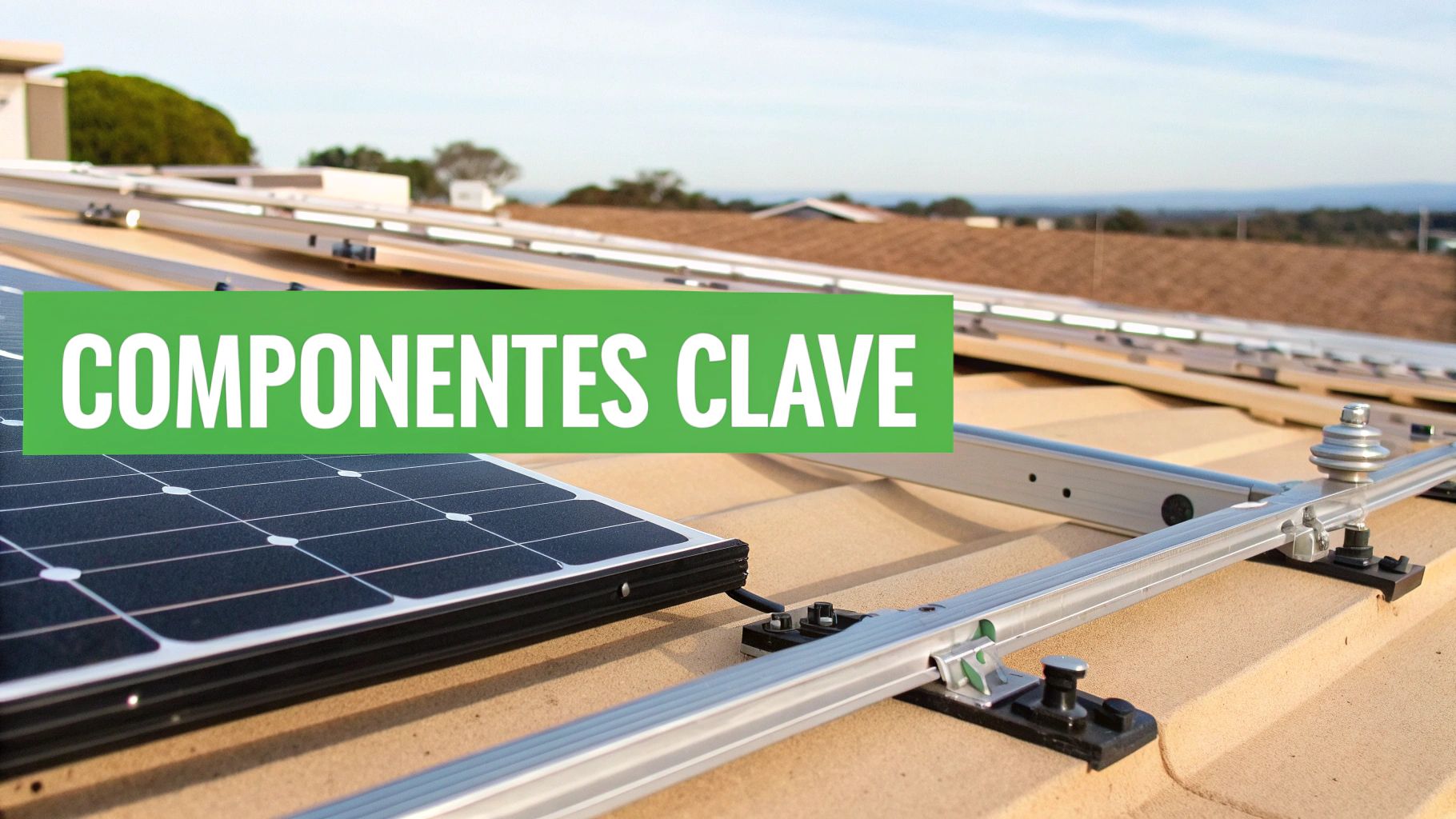 Primer plano de paneles solares y su estructura de montaje en un tejado, mostrando componentes clave de instalación.