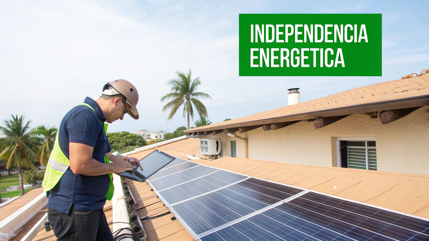 Técnico con casco y chaleco trabajando en la instalación de paneles solares en un techo, con el lema "INDEPENDENCIA ENERGETICA".