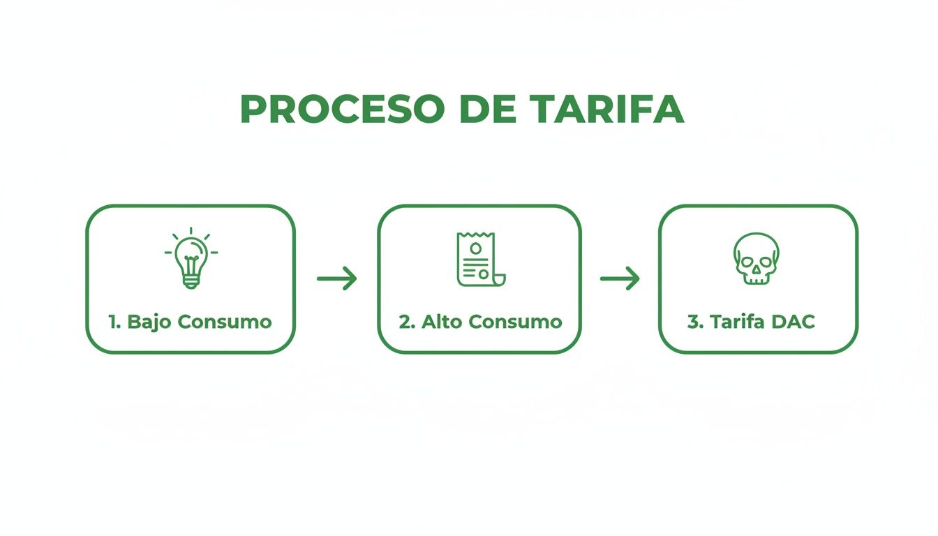 Diagrama del proceso de tarifa de electricidad: Bajo Consumo, Alto Consumo y Tarifa DAC.