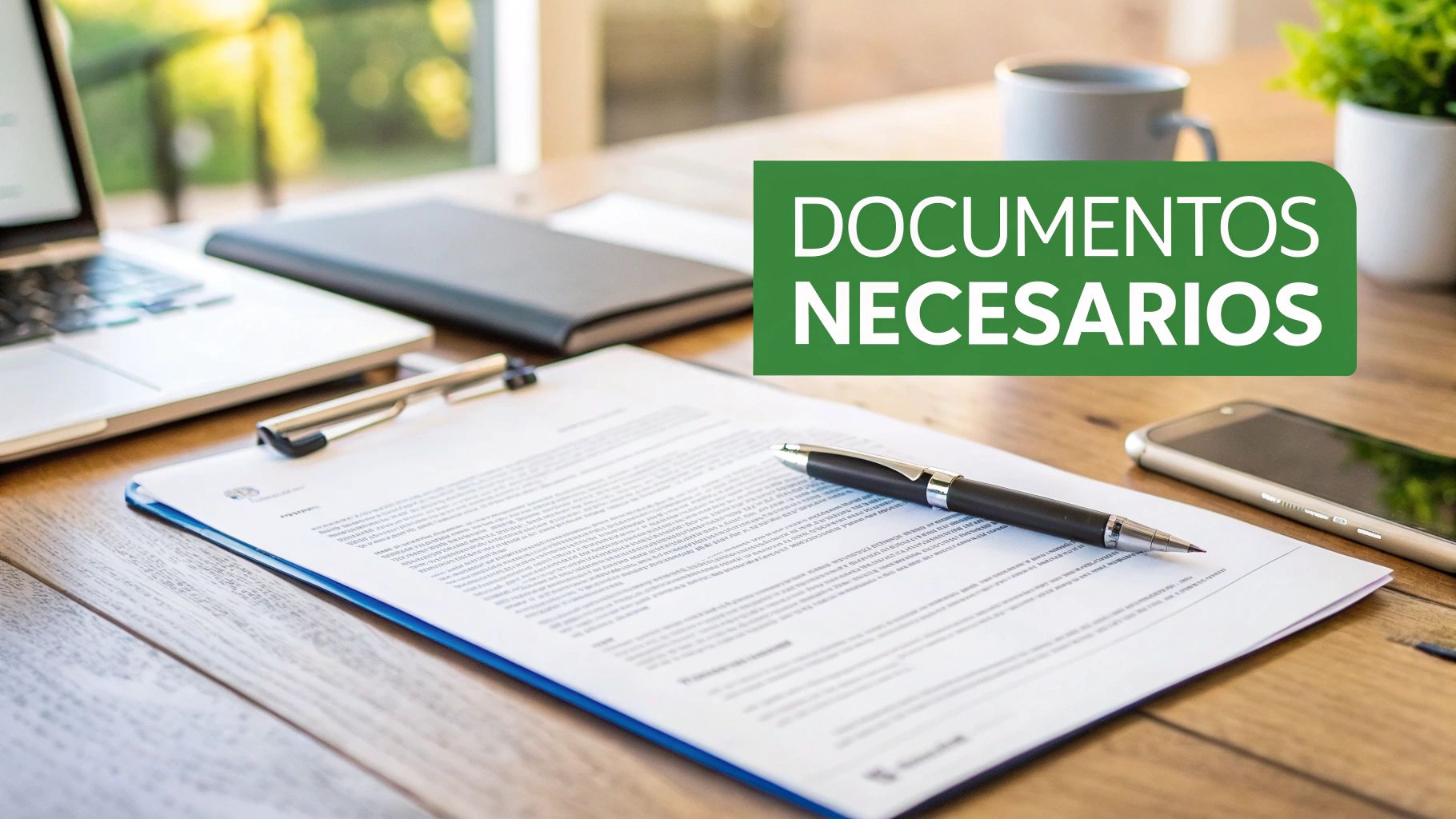 Escritorio con laptop, documentos, bolígrafo y teléfono, destacando un cartel con 'DOCUMENTOS NECESARIOS'.