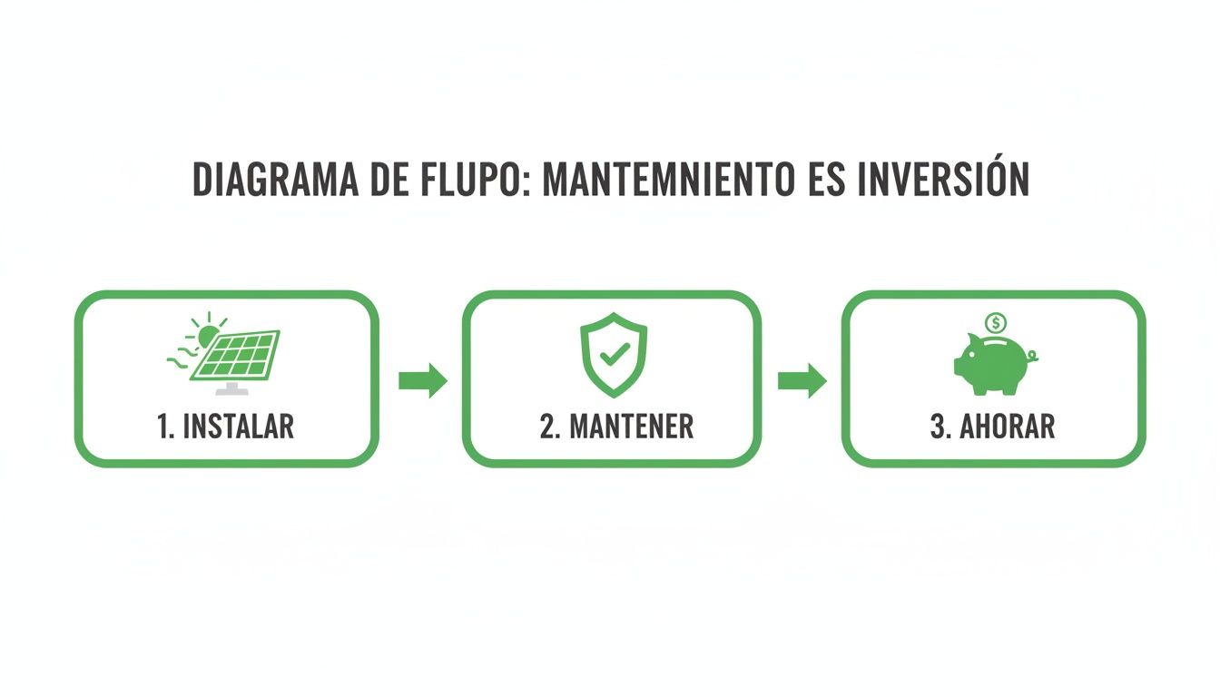 Diagrama de flujo que ilustra la relación entre instalar paneles solares, su mantenimiento y el ahorro económico.