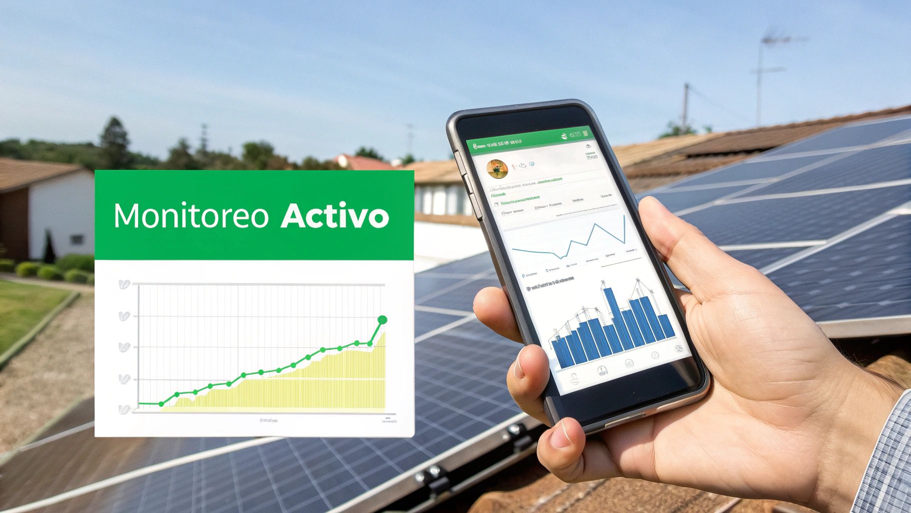 Mano con smartphone mostrando el monitoreo activo de paneles solares y un gráfico de rendimiento energético.