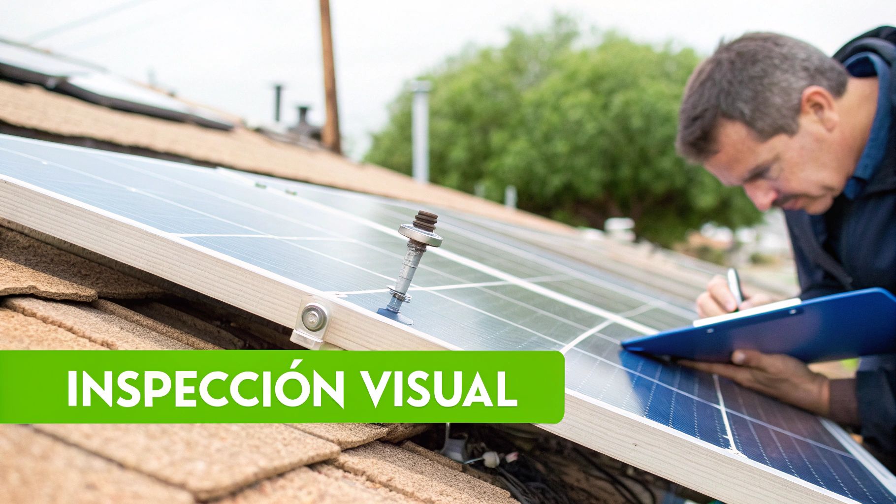 Técnico realizando una inspección visual de paneles solares instalados en un tejado residencial.