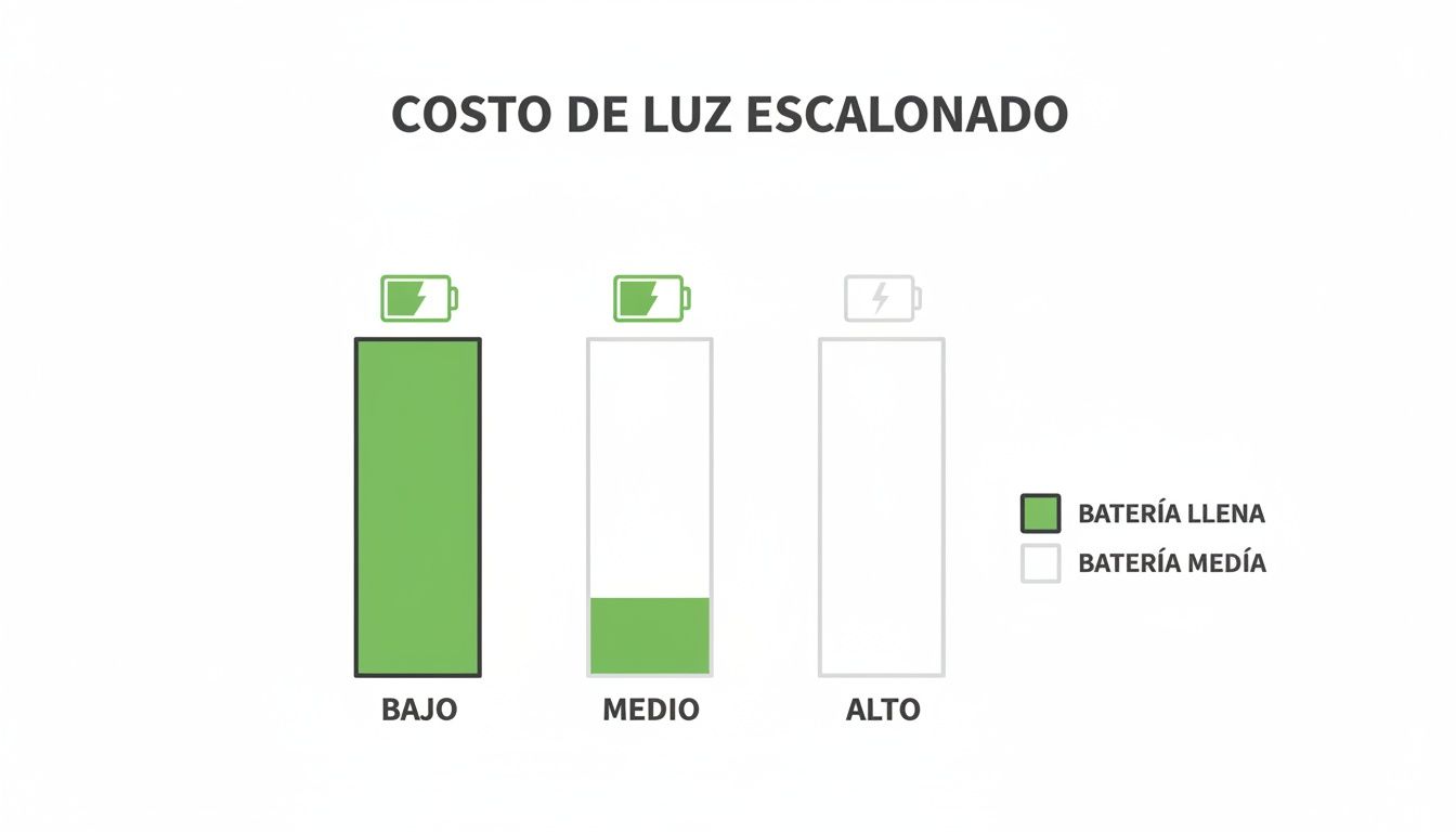 Gráfico de barras ilustrando el costo escalonado de la electricidad, con niveles bajo, medio y alto.