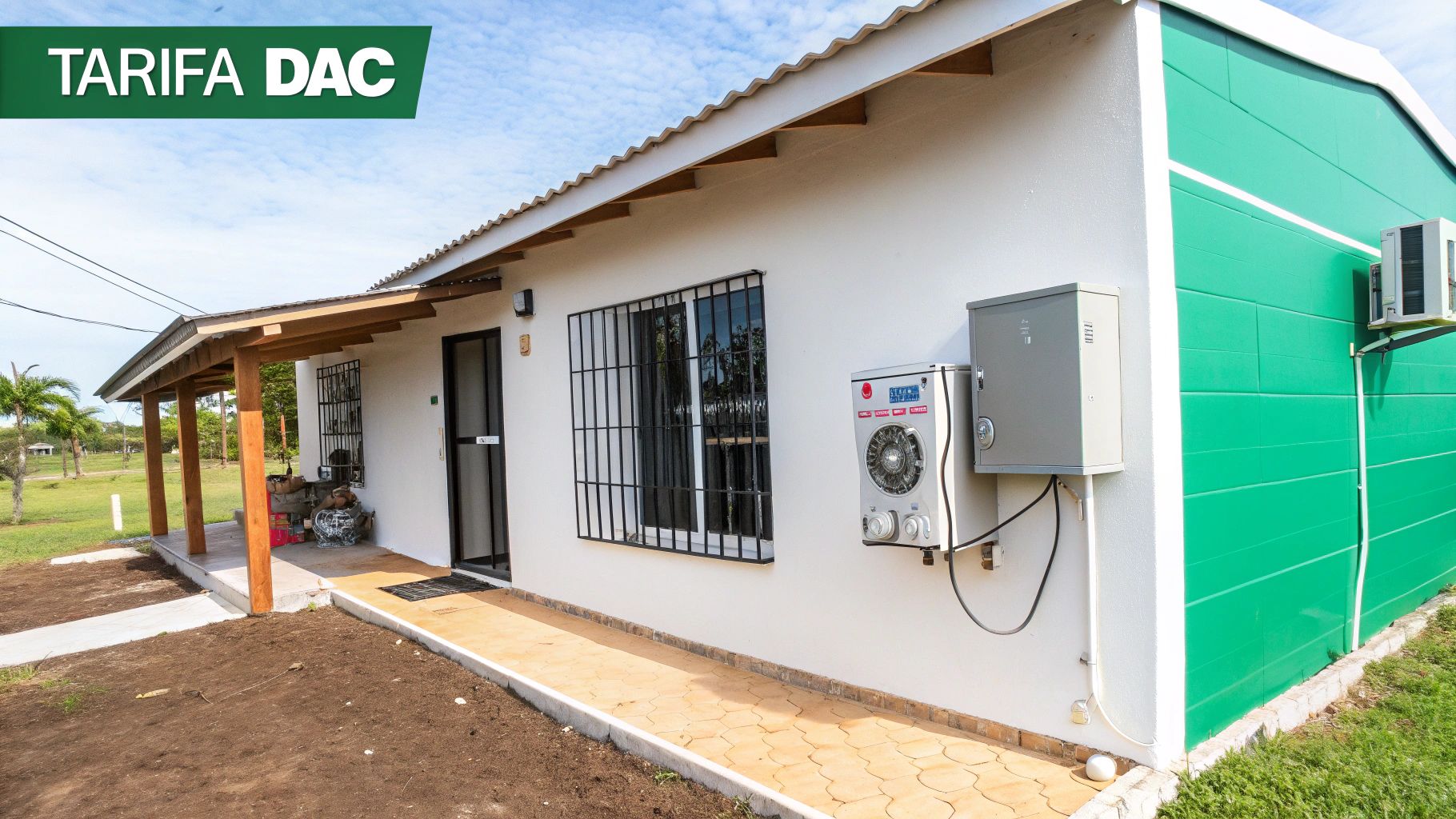 Fachada de casa con medidor eléctrico y unidad de aire acondicionado, indicando Tarifa DAC.
