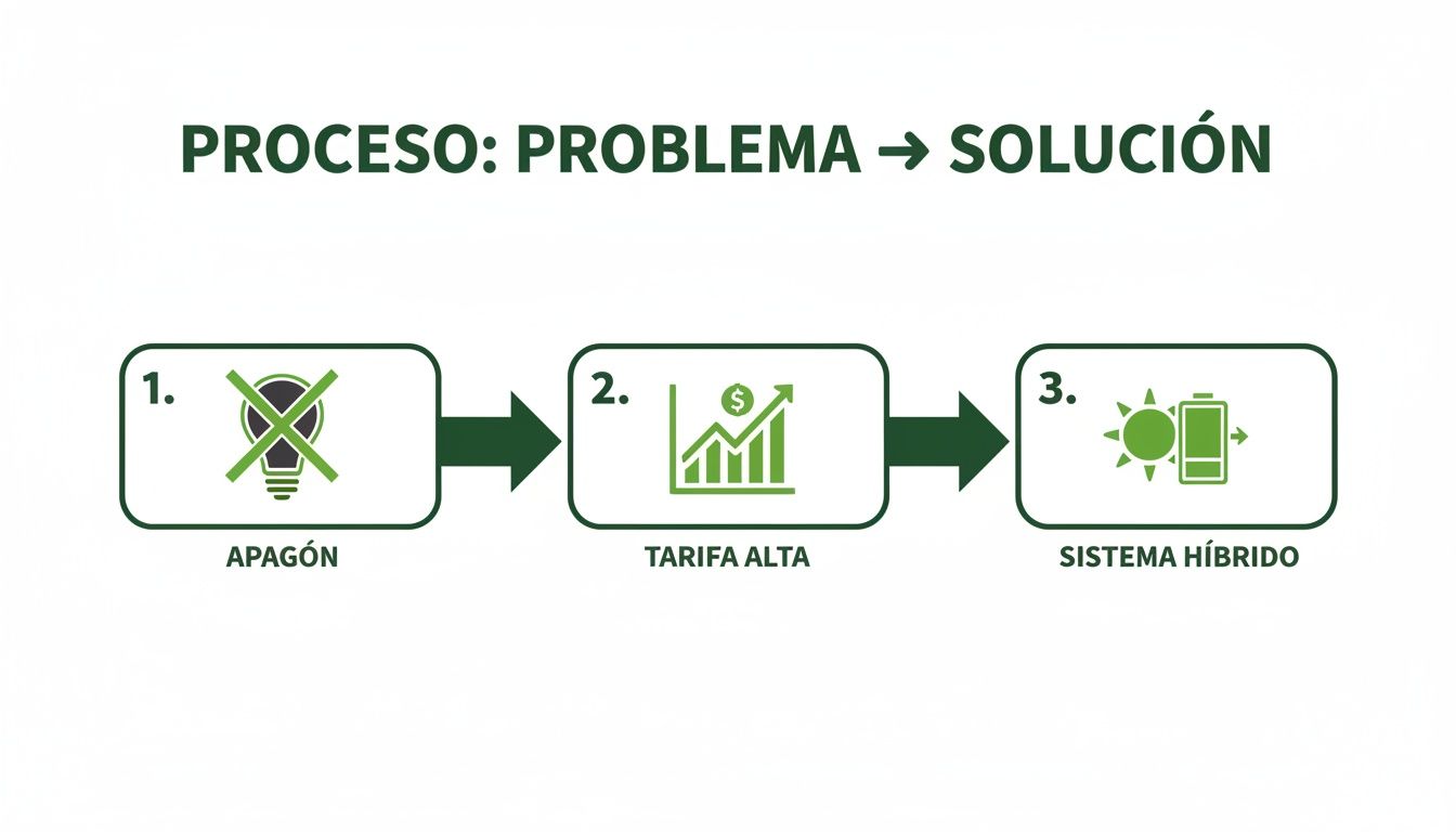 Diagrama que ilustra la solución a apagones y tarifas altas mediante un sistema híbrido.