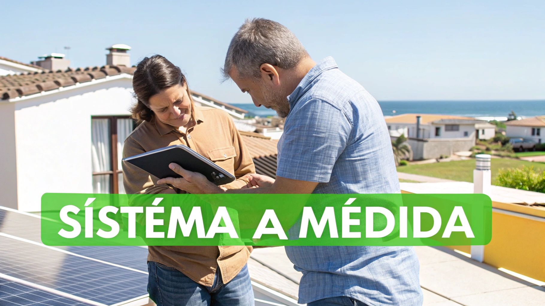 Dos personas en una azotea con paneles solares, discutiendo un sistema de energía personalizado.