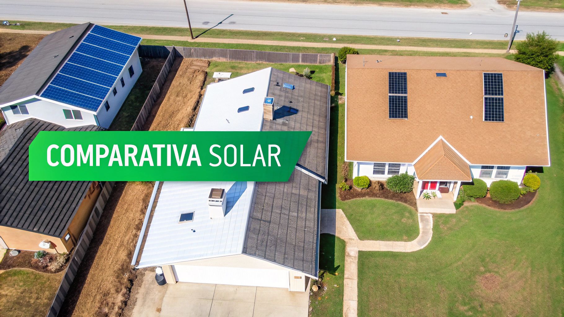 Vista aérea de casas, algunas con paneles solares instalados en sus tejados, ofreciendo una comparativa solar.