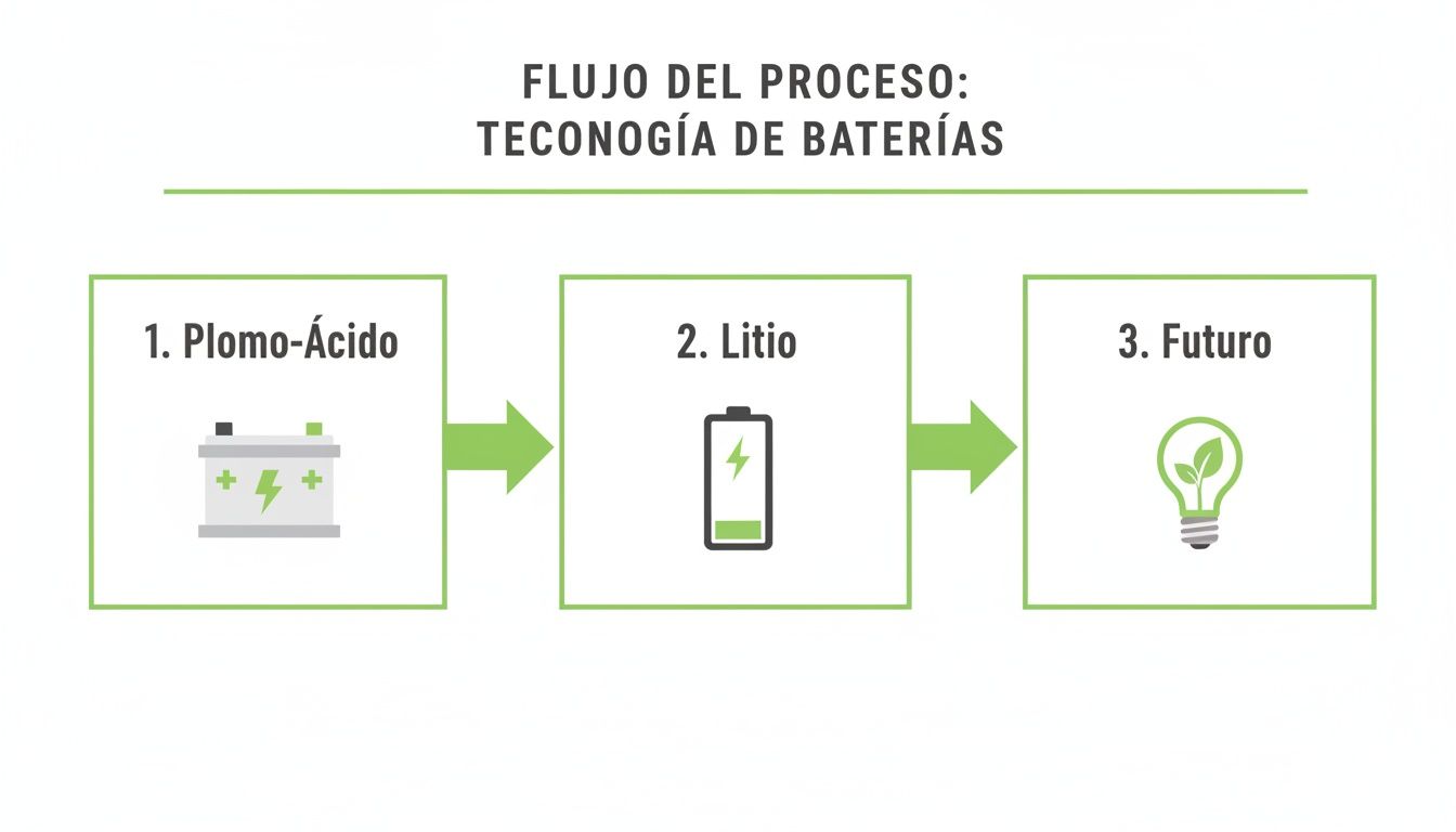 Flujo del proceso de tecnología de baterías, mostrando la evolución de plomo-ácido a litio y el futuro sostenible.