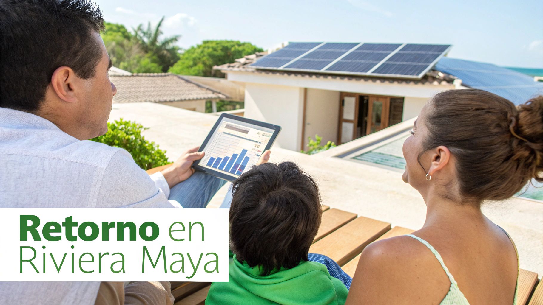 Familia observando un tablet con gráficos de rendimiento energético en una terraza con paneles solares y vista al mar.