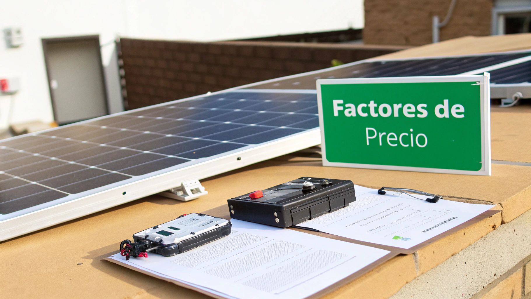 Paneles solares con letrero "Factores de Precio" y documentos, indicando análisis de costos.