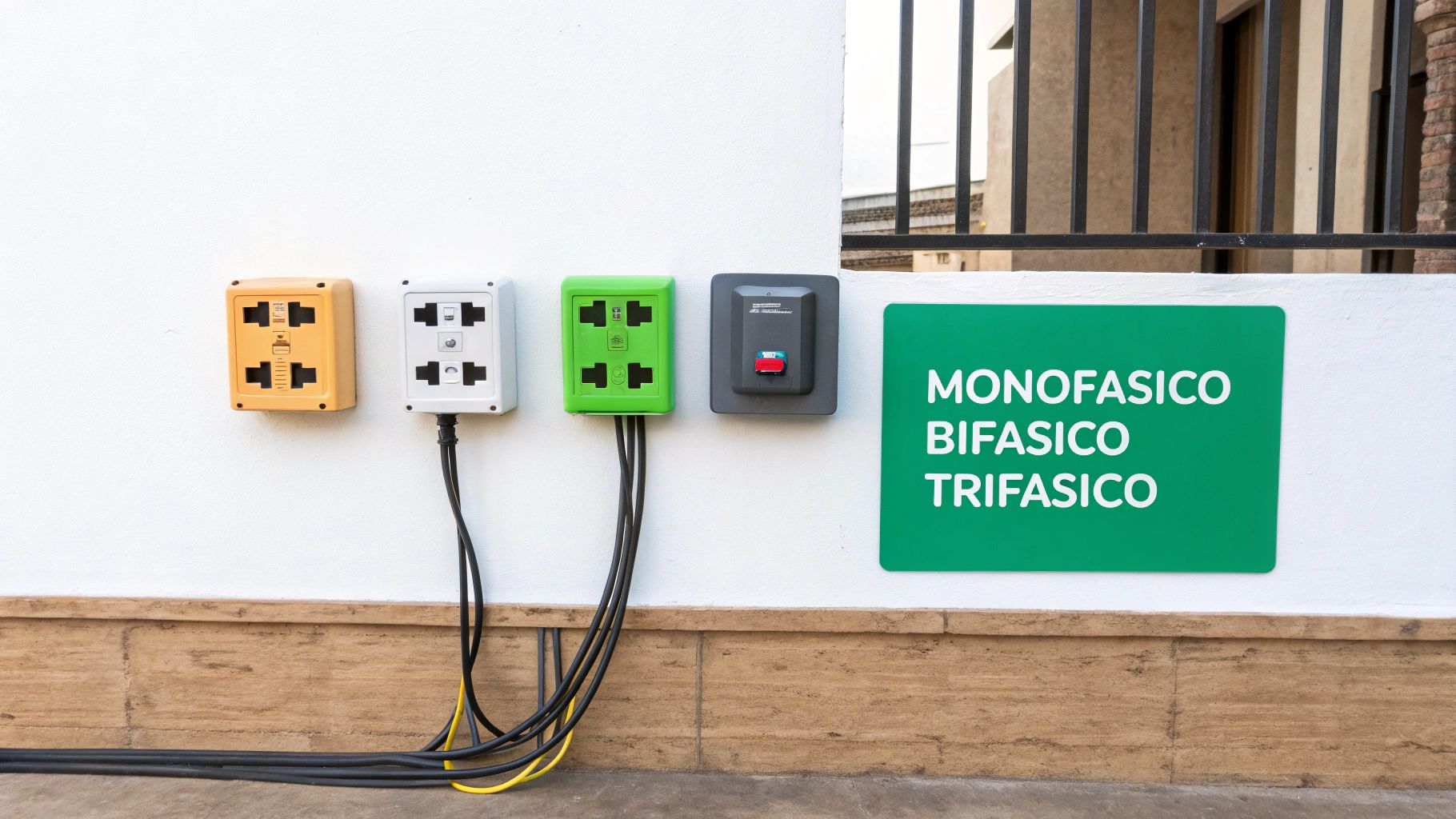 Una pared blanca con cuatro tomas de corriente eléctricas de diferentes colores y un cartel verde que dice 'MONOFASICO BIFASICO TRIFASICO'.