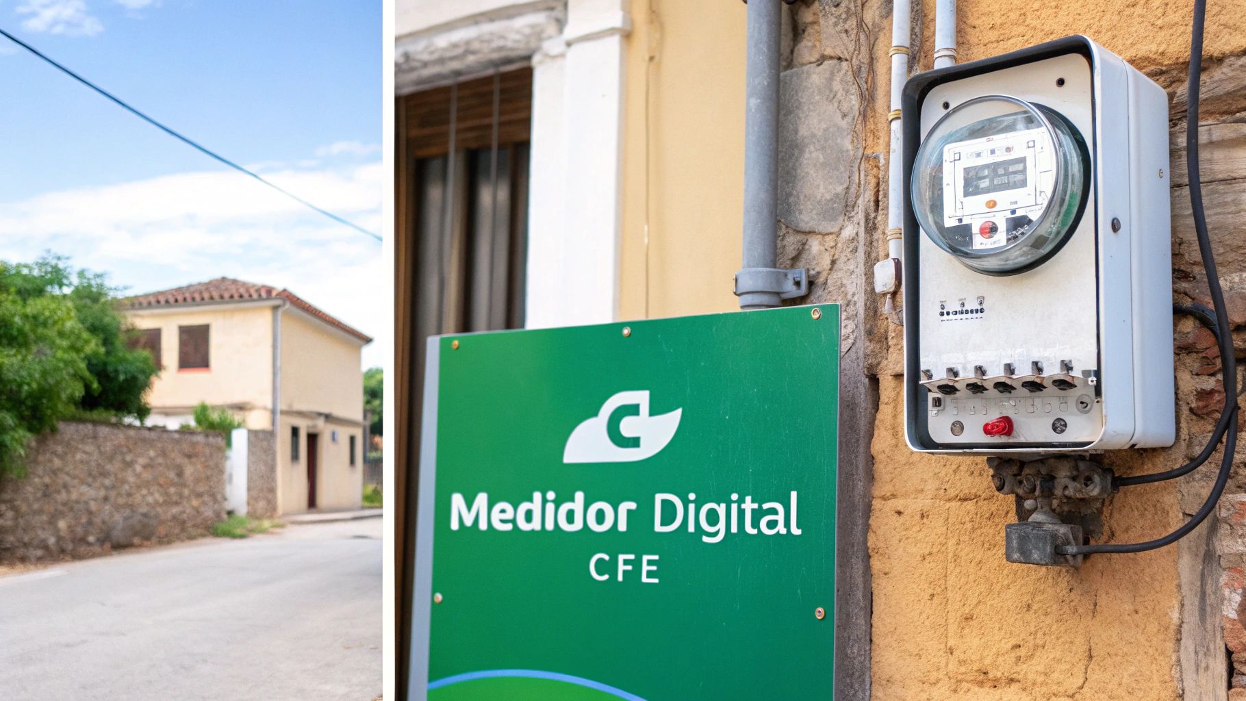 Señal de CFE 'Medidor Digital' y un medidor de electricidad en una pared de ladrillo con una casa al fondo.