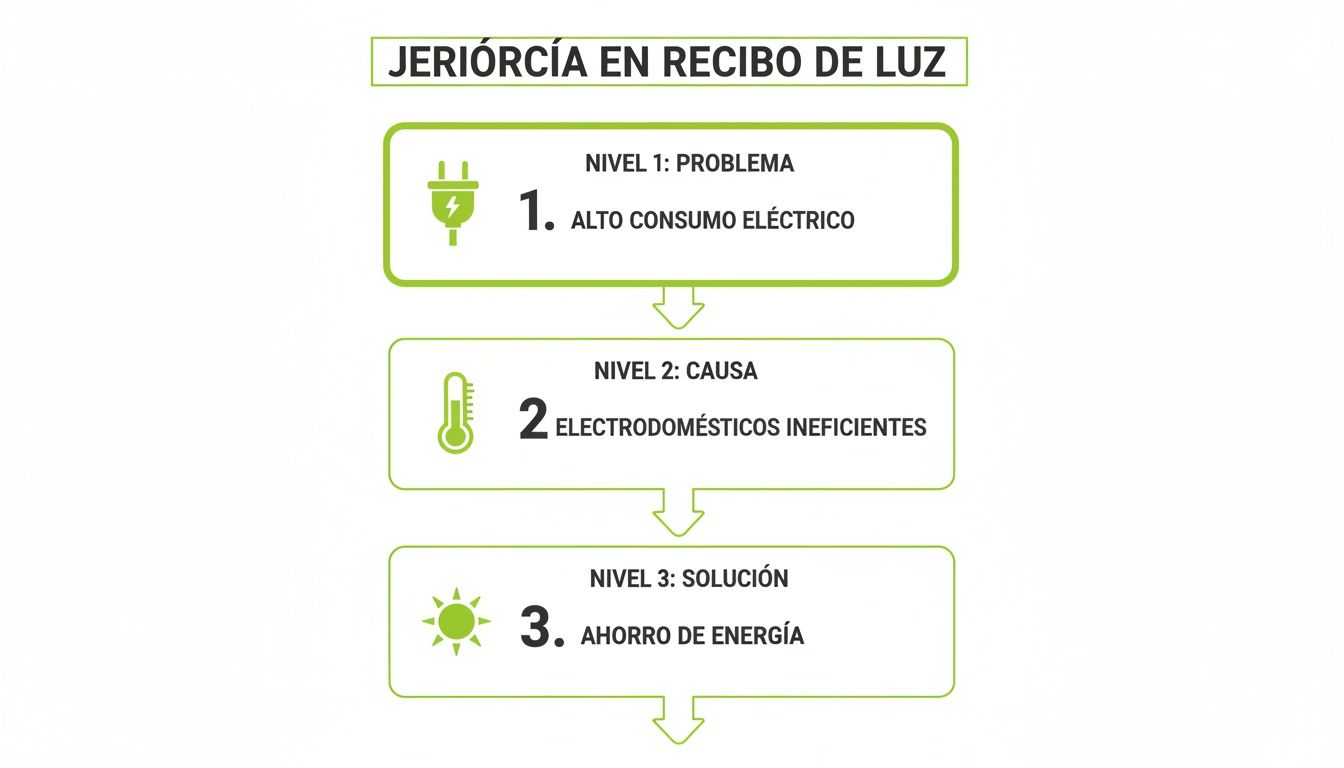 Diagrama jerárquico que ilustra el alto consumo eléctrico, sus causas y el ahorro de energía como solución en un recibo de luz.