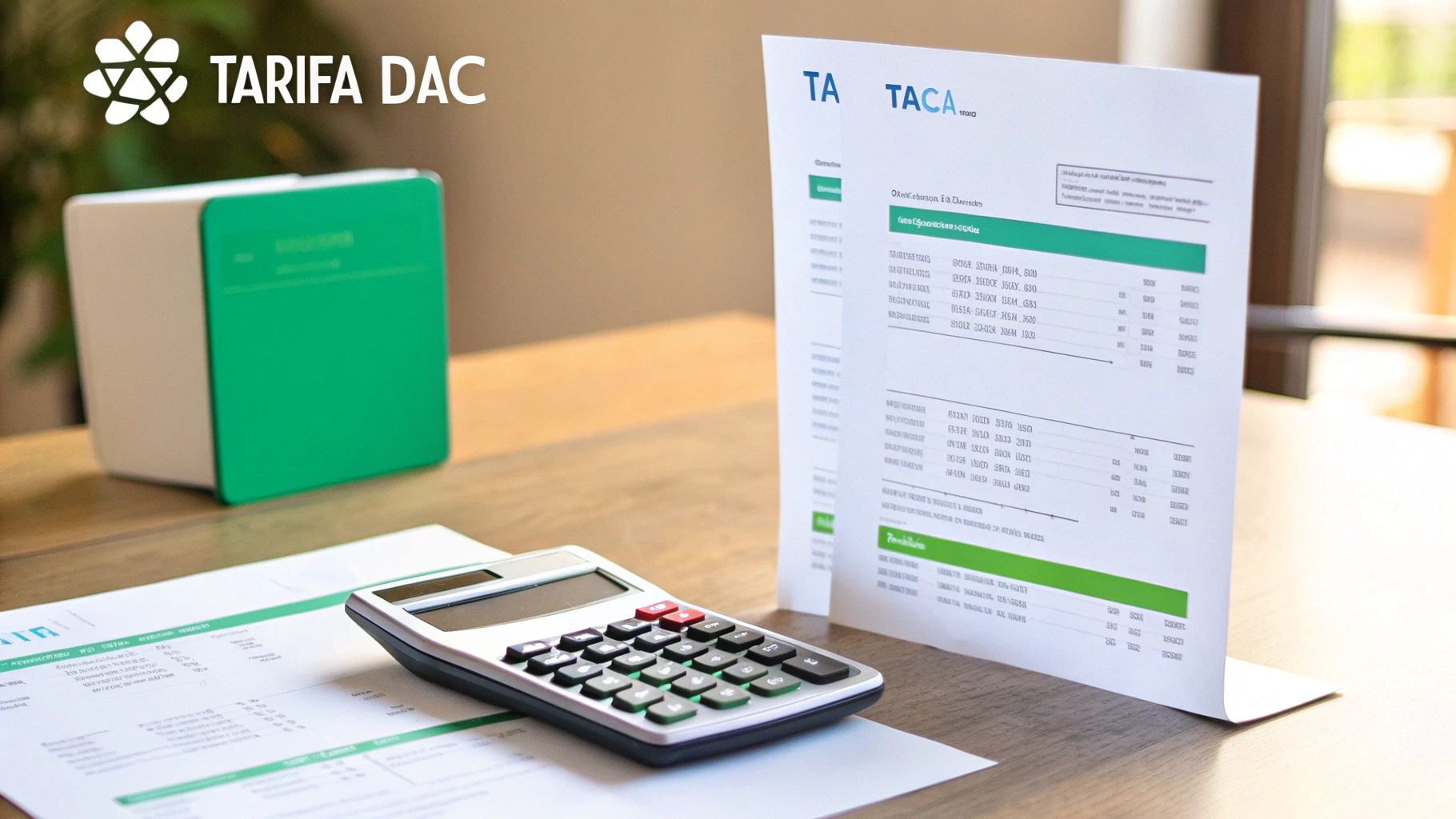 Documentos con una calculadora y el logo 'Tarifa DAC', representando el análisis de tarifas de luz.