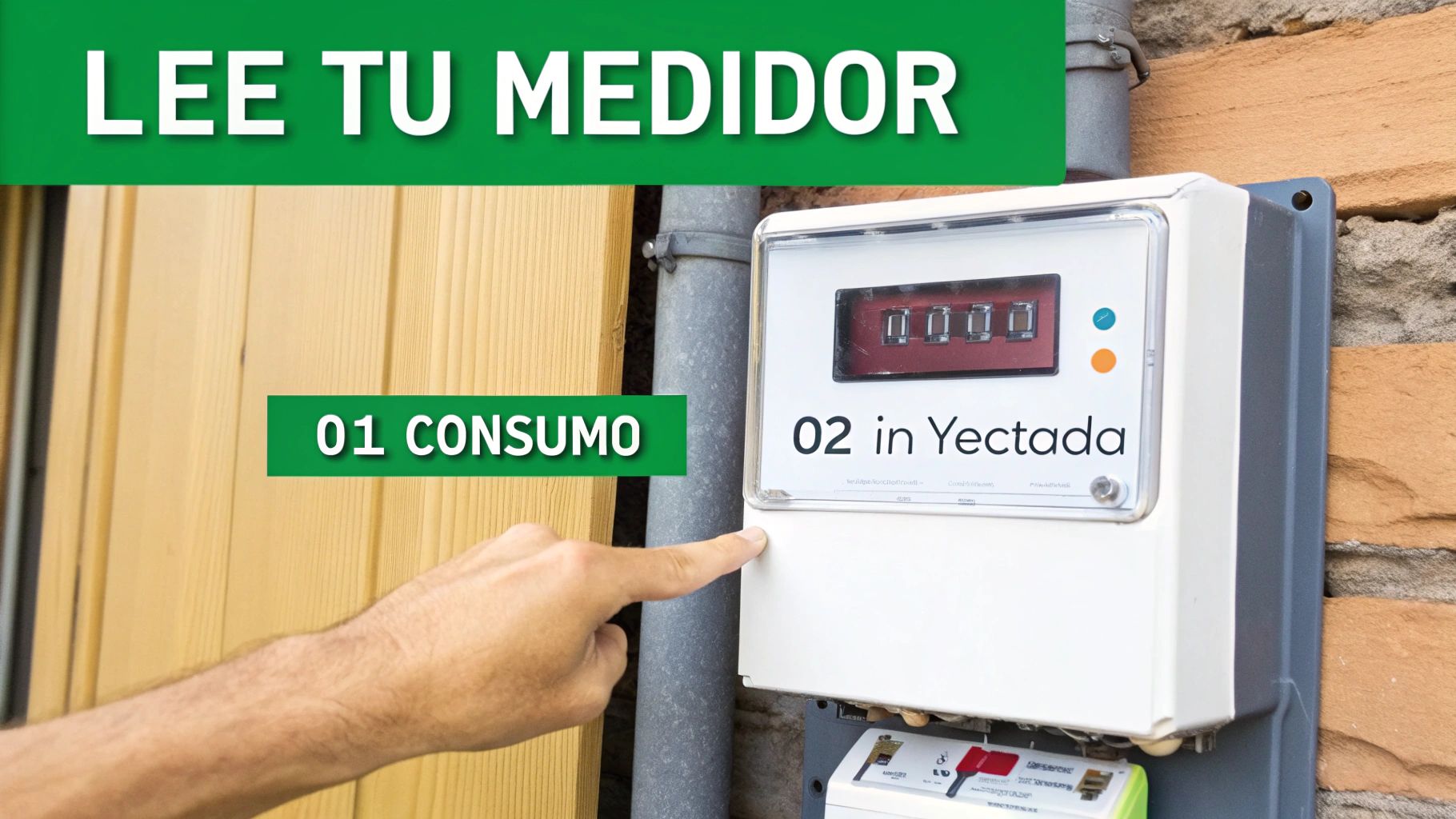 Mano de una persona señalando un medidor de luz digital con pantalla de números y texto 'LEE TU MEDIDOR'.