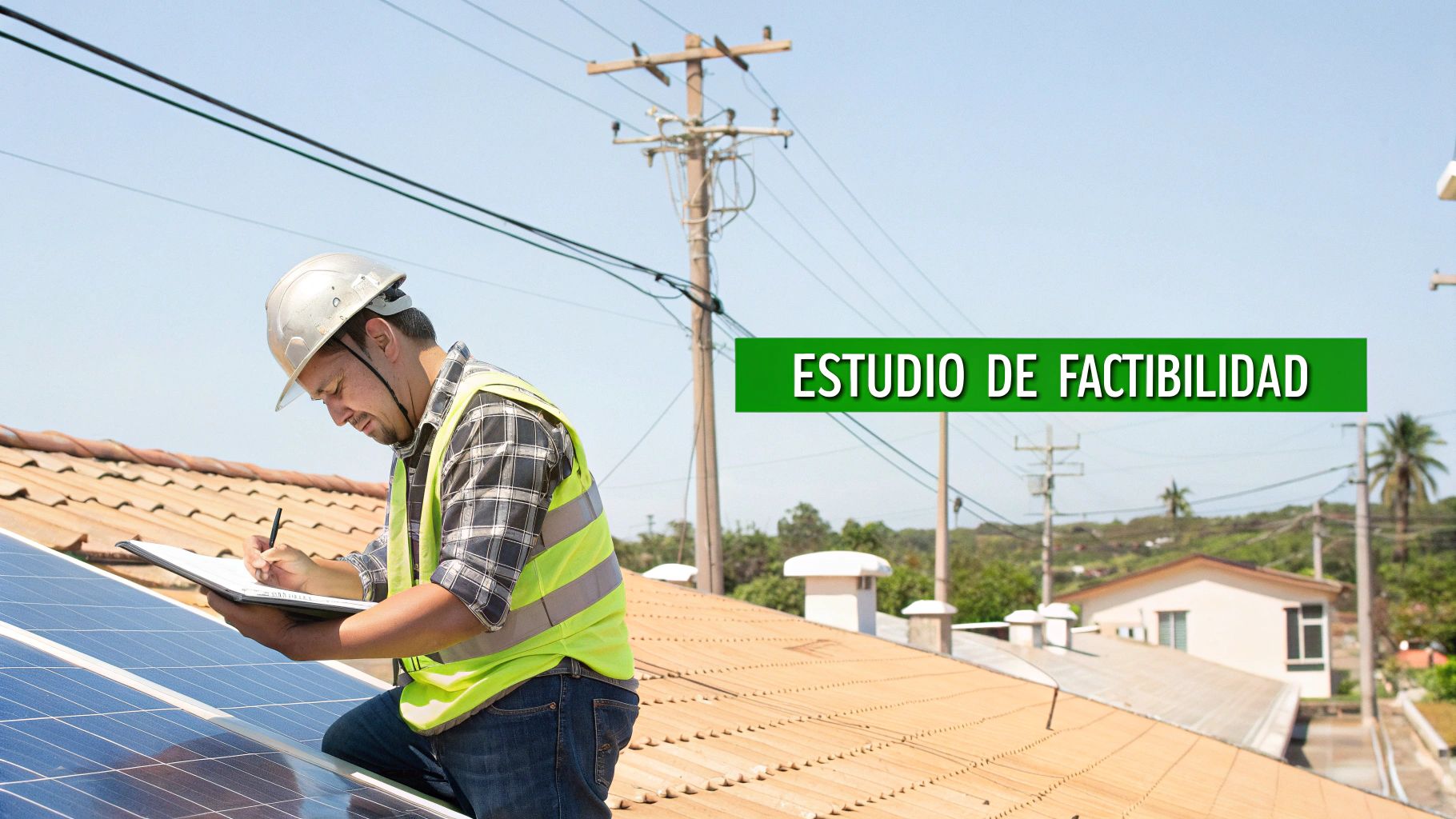 Ingeniero con casco y chaleco de seguridad revisa paneles solares en el techo, realizando un estudio de factibilidad.