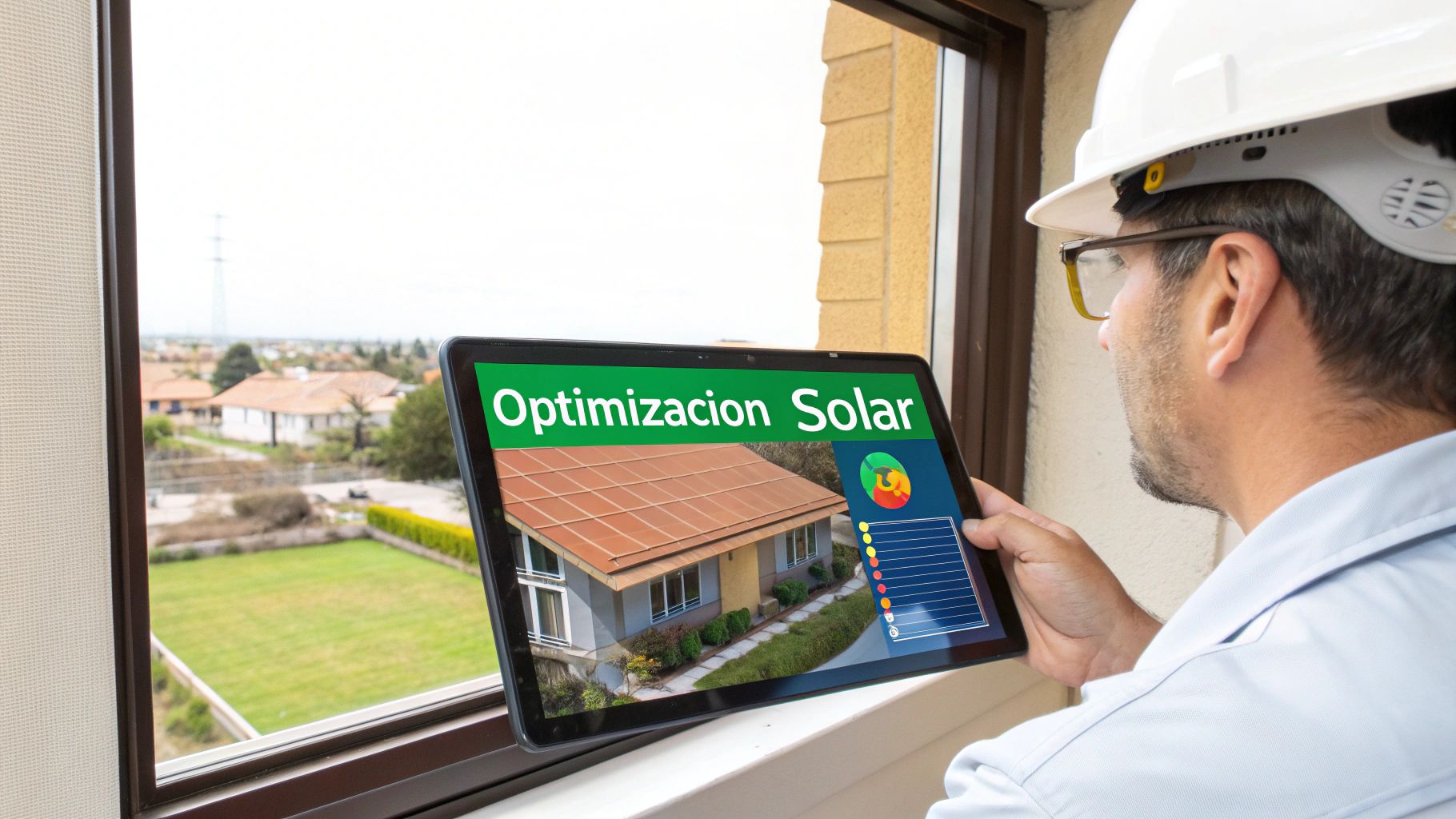 Ingeniero con casco y tableta analizando la optimización solar de una casa, con vista a un vecindario residencial.