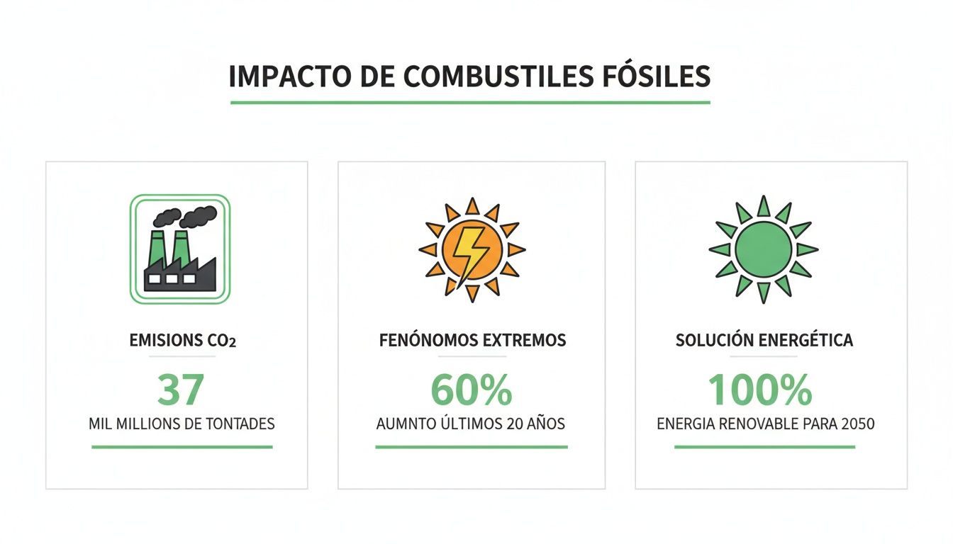 Infografía detallando el impacto de los combustibles fósiles, incluyendo emisiones de CO2 y fenómenos extremos, y la solución de energía renovable.
