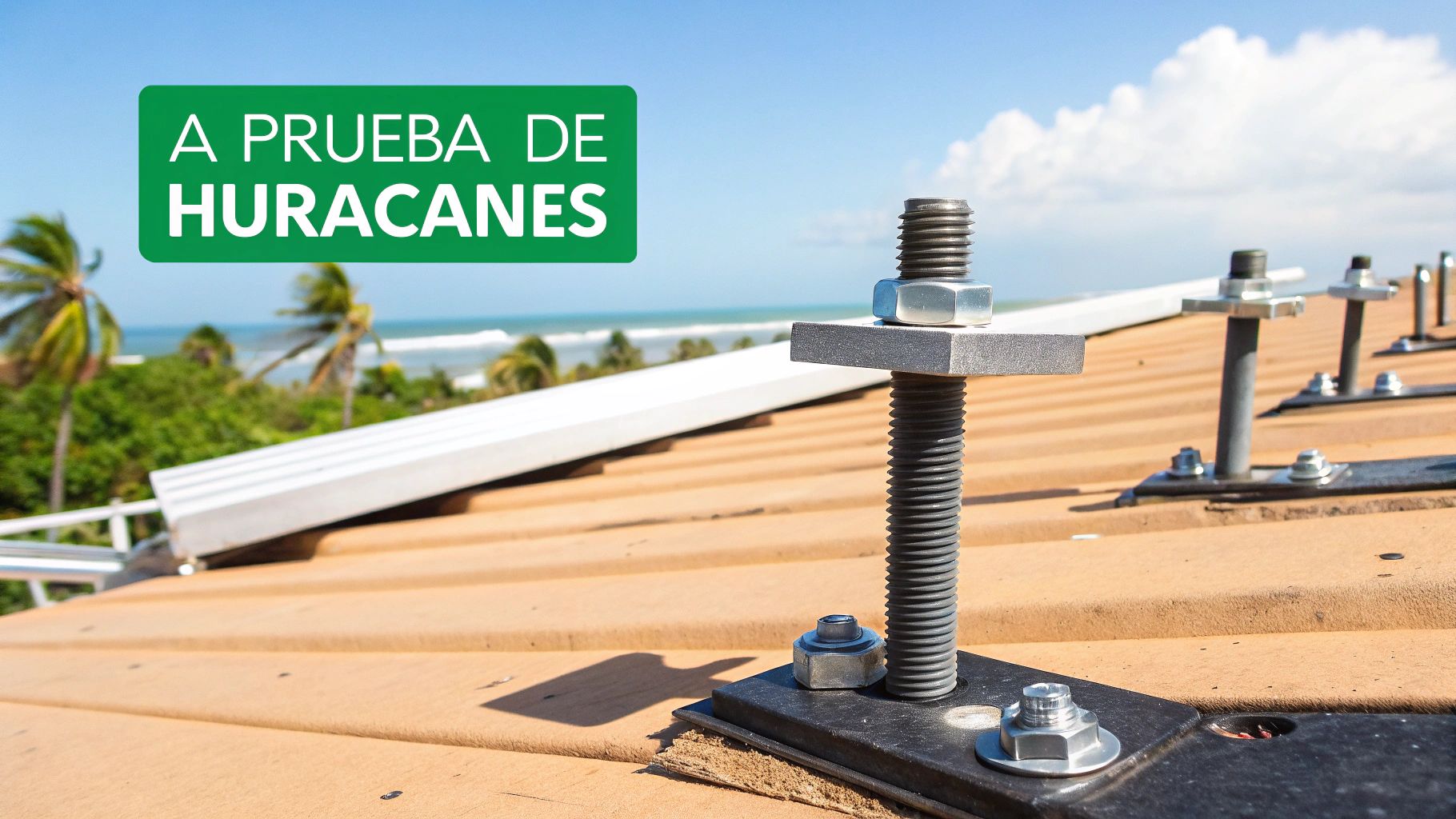 Componentes de montaje de paneles solares a prueba de huracanes en techo con vista a la playa.