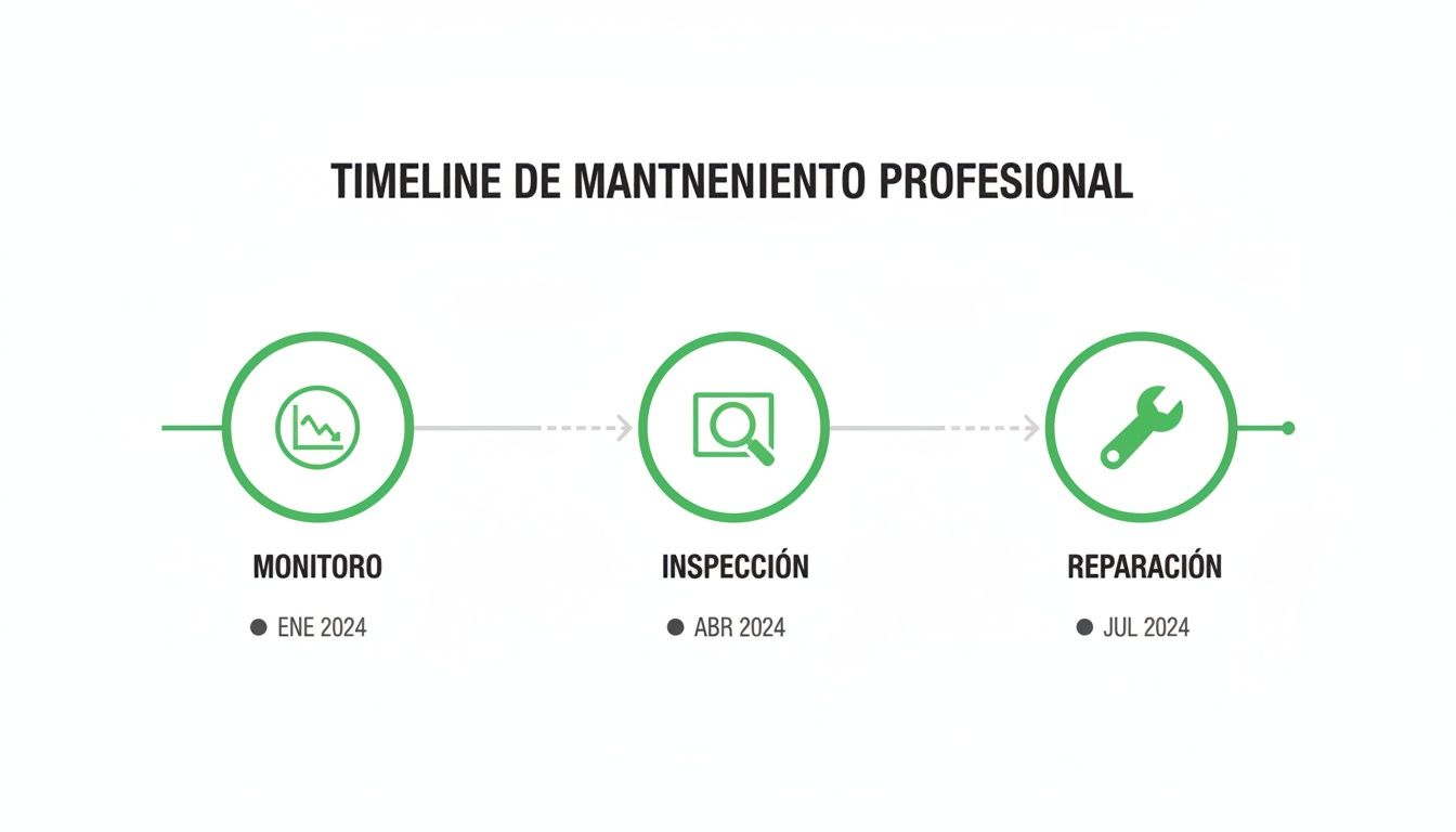 Línea de tiempo de mantenimiento profesional: monitoreo, inspección y reparación de equipos en 2024.