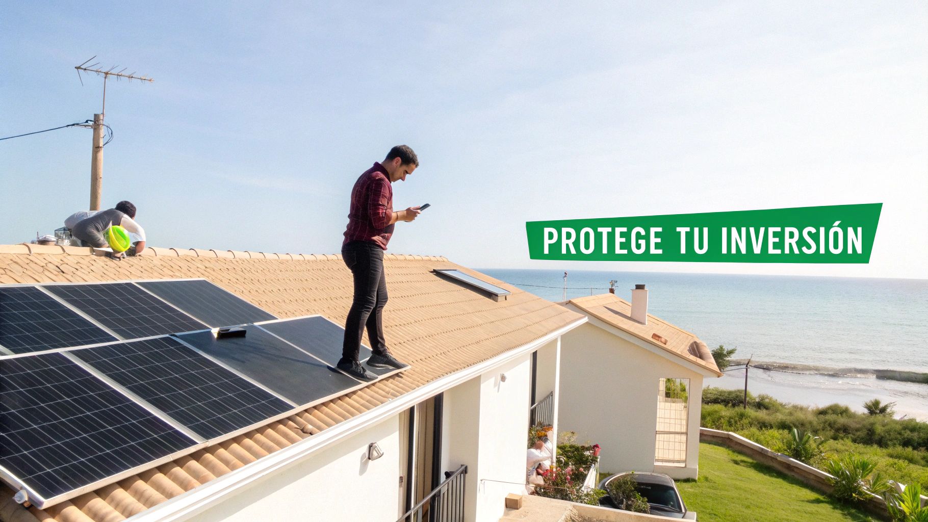 Dos personas en un techo instalando y revisando paneles solares, con una casa y el mar de fondo.
