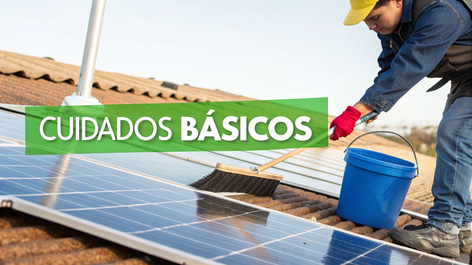 Persona limpiando paneles solares en el tejado con cepillo y cubo. Cuidados básicos de mantenimiento.