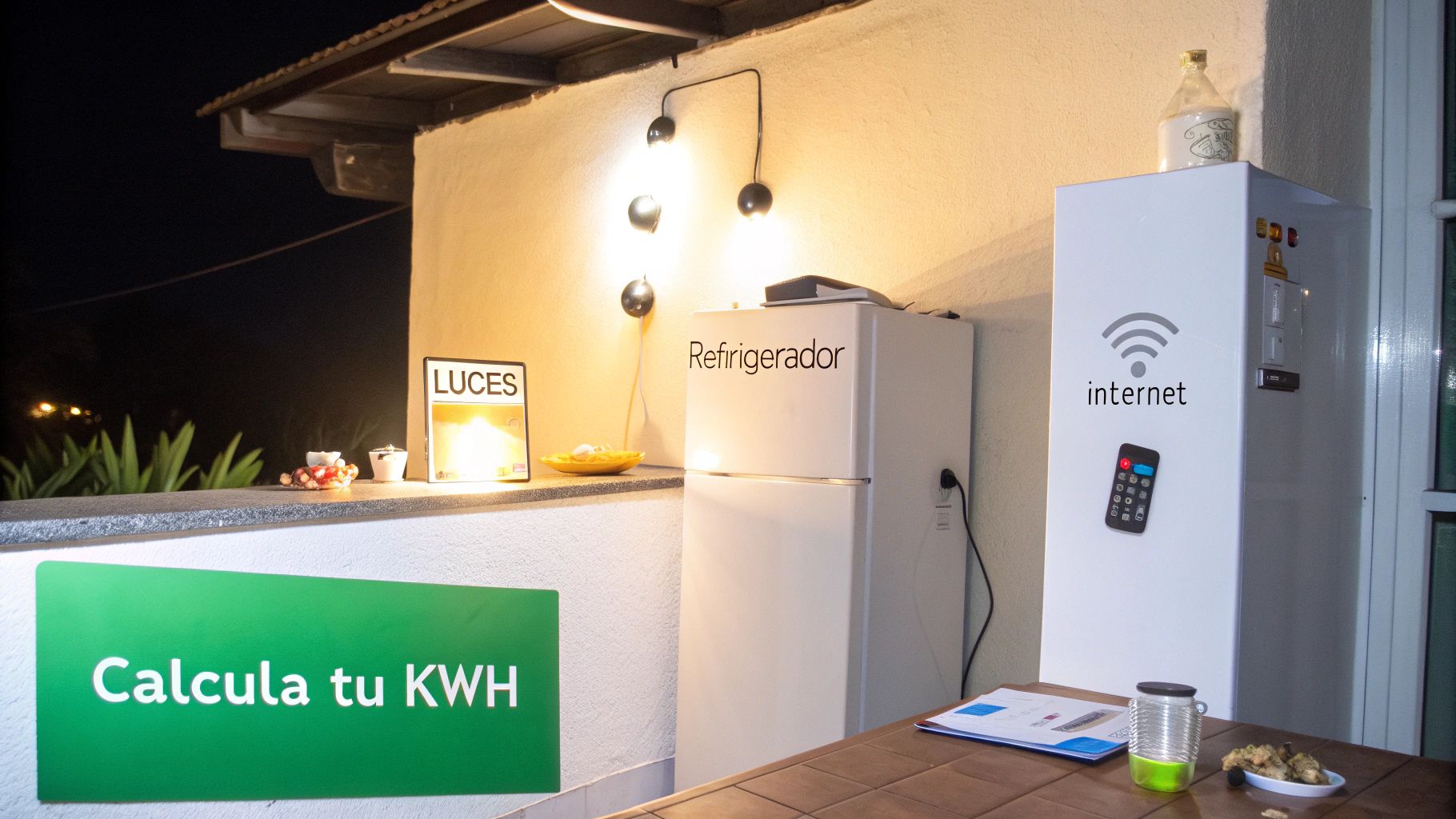 Imagen nocturna de una terraza con refrigerador, luces, y carteles sobre internet y cálculo de KWH.