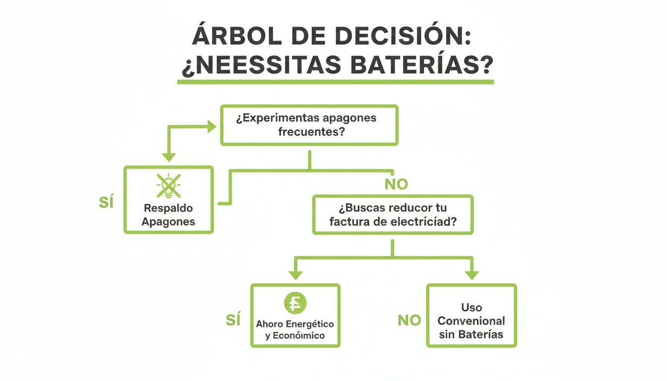 Árbol de decisión para determinar si se necesitan baterías, considerando apagones y ahorro energético.