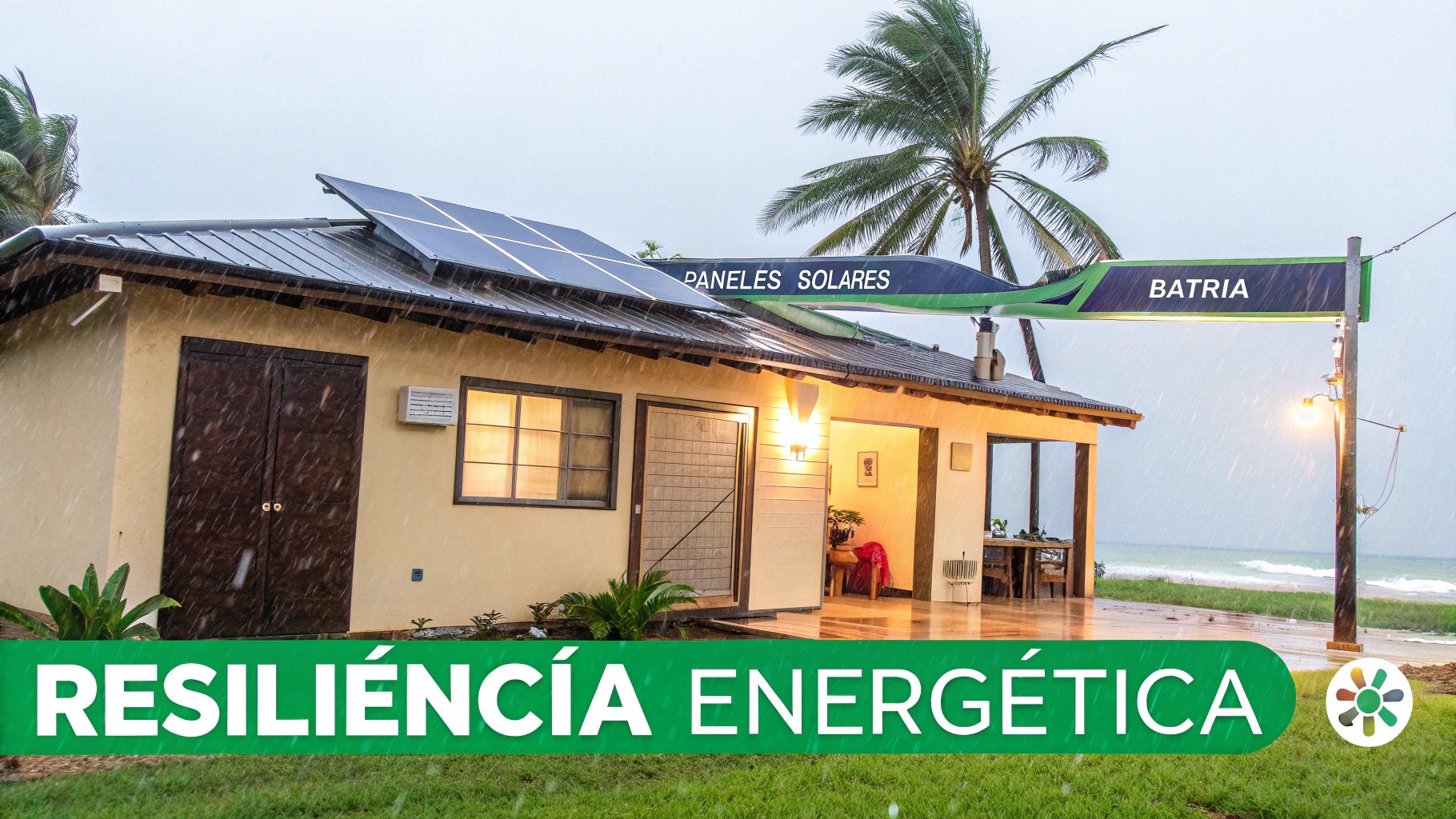 Casa con paneles solares frente al océano bajo la lluvia, promoviendo la resiliencia energética con BATRIA.