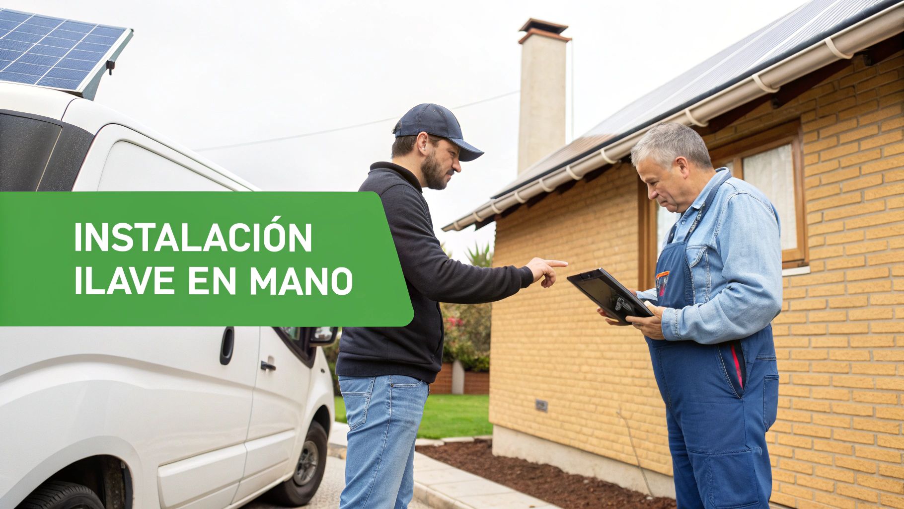 Dos hombres discuten una instalación de paneles solares llave en mano cerca de una casa y una furgoneta.
