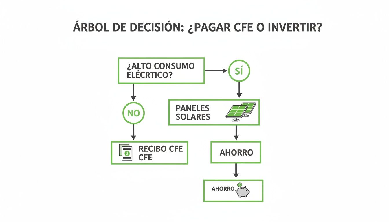 Diagrama de flujo: ¿Pagar CFE o invertir en paneles solares? Evalúa alto consumo eléctrico y potencial ahorro.