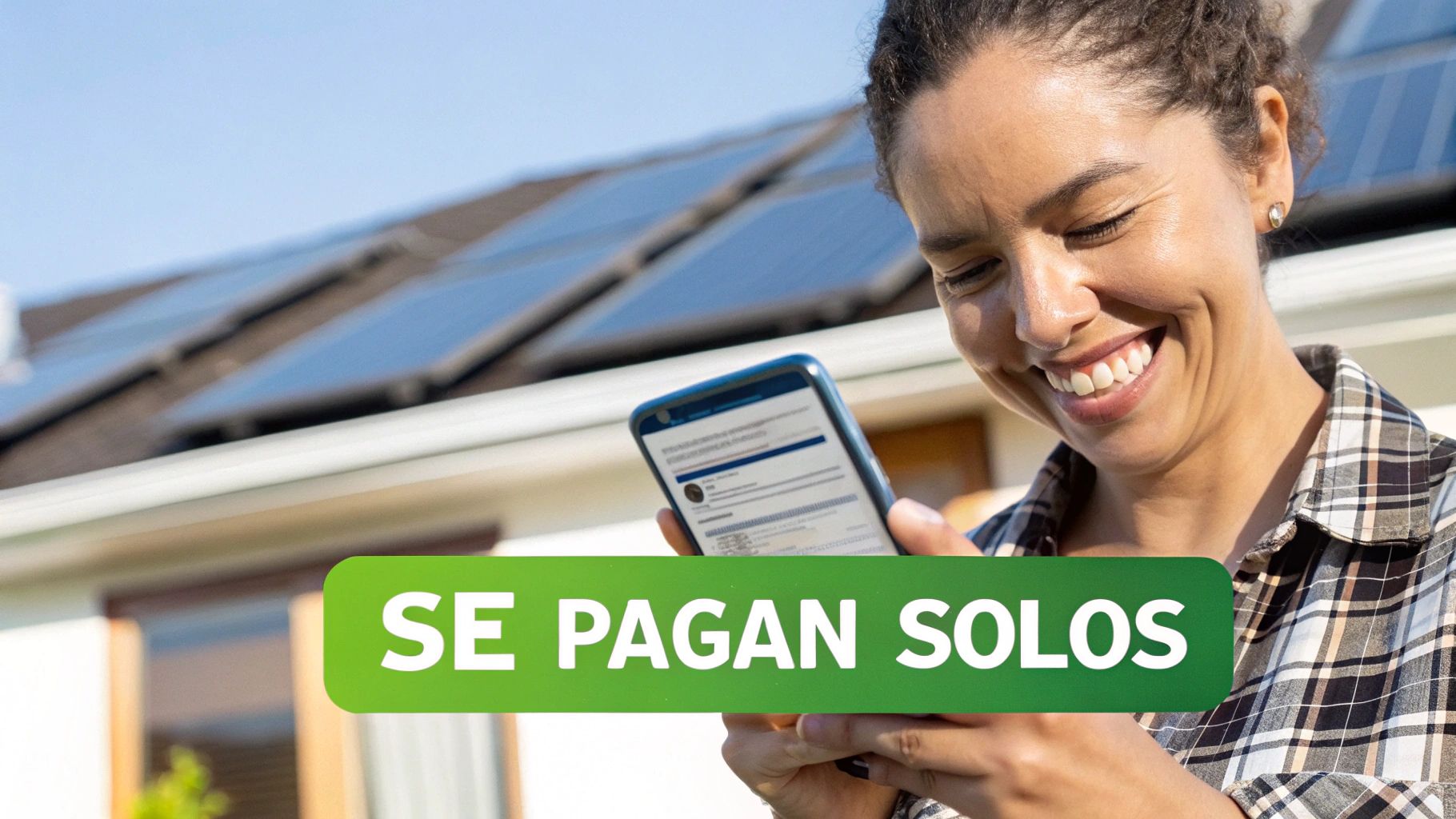 Mujer feliz viendo su teléfono con paneles solares en el techo, destacando el mensaje 'SE PAGAN SOLOS'.