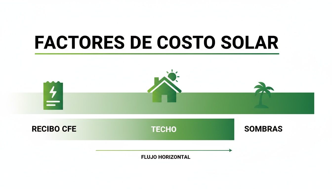 Factores clave del costo solar representados: recibo de electricidad CFE, tipo de techo y presencia de sombras.