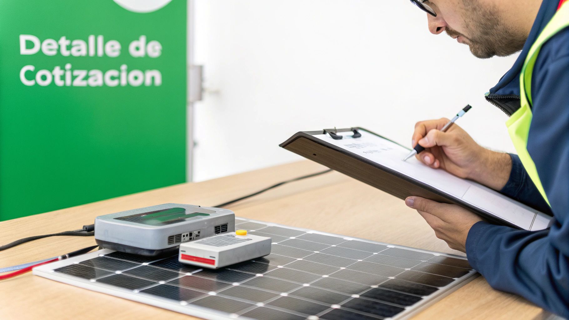 Hombre en uniforme y chaleco, escribe en portapapeles junto a panel solar y equipos electrónicos. Fondo verde con 'Detalle de Cotización'.