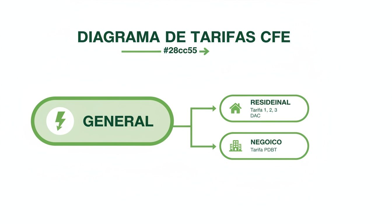 Diagrama de flujo que muestra las tarifas de CFE, categorizadas en general, residencial y de negocios.