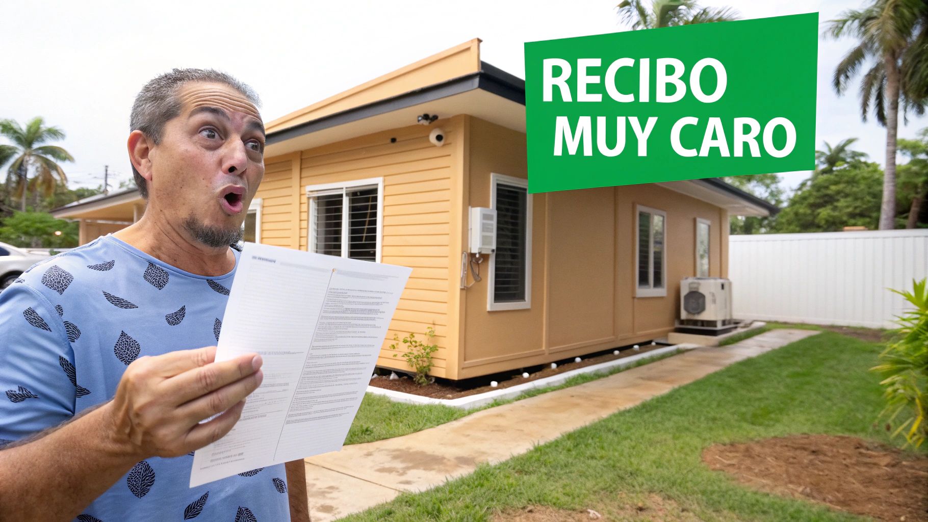 Hombre sorprendido con un recibo caro en la mano frente a una casa, indicando un alto costo.